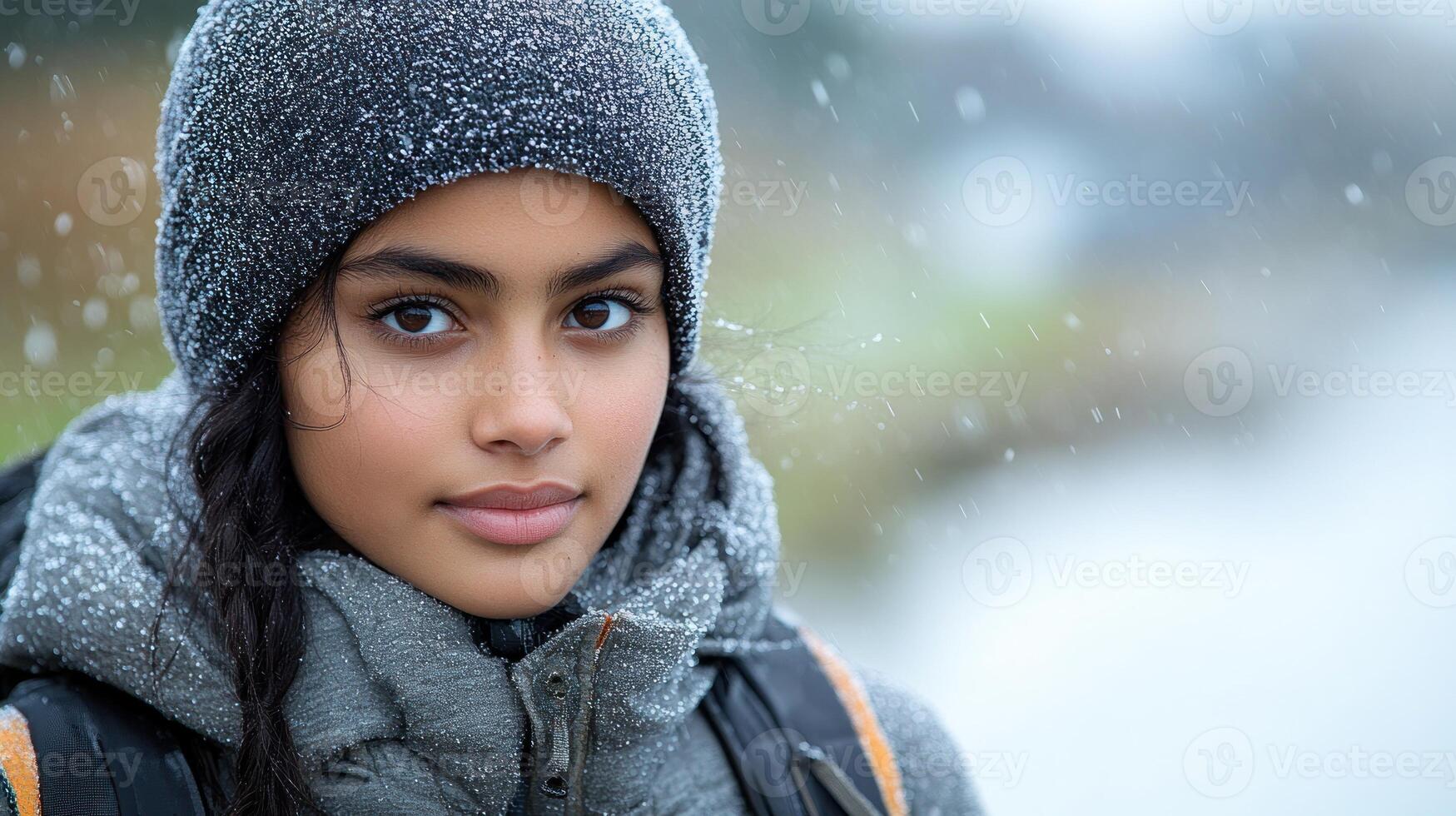 A girl in warm clothes gazes thoughtfully as snowflakes fall gently photo