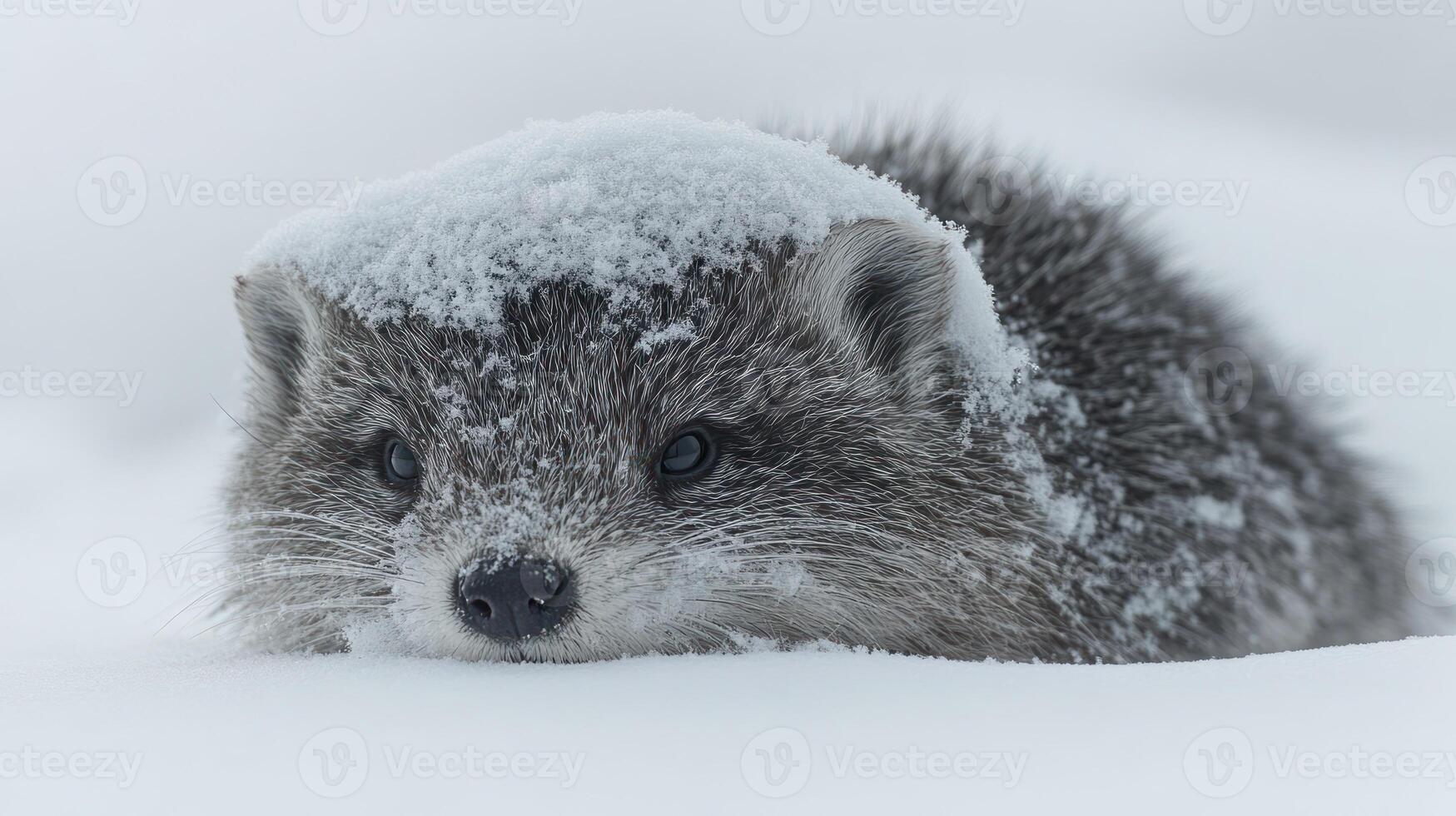 An arctic fox peeks from under a blanket of fresh snow, curious and playful photo
