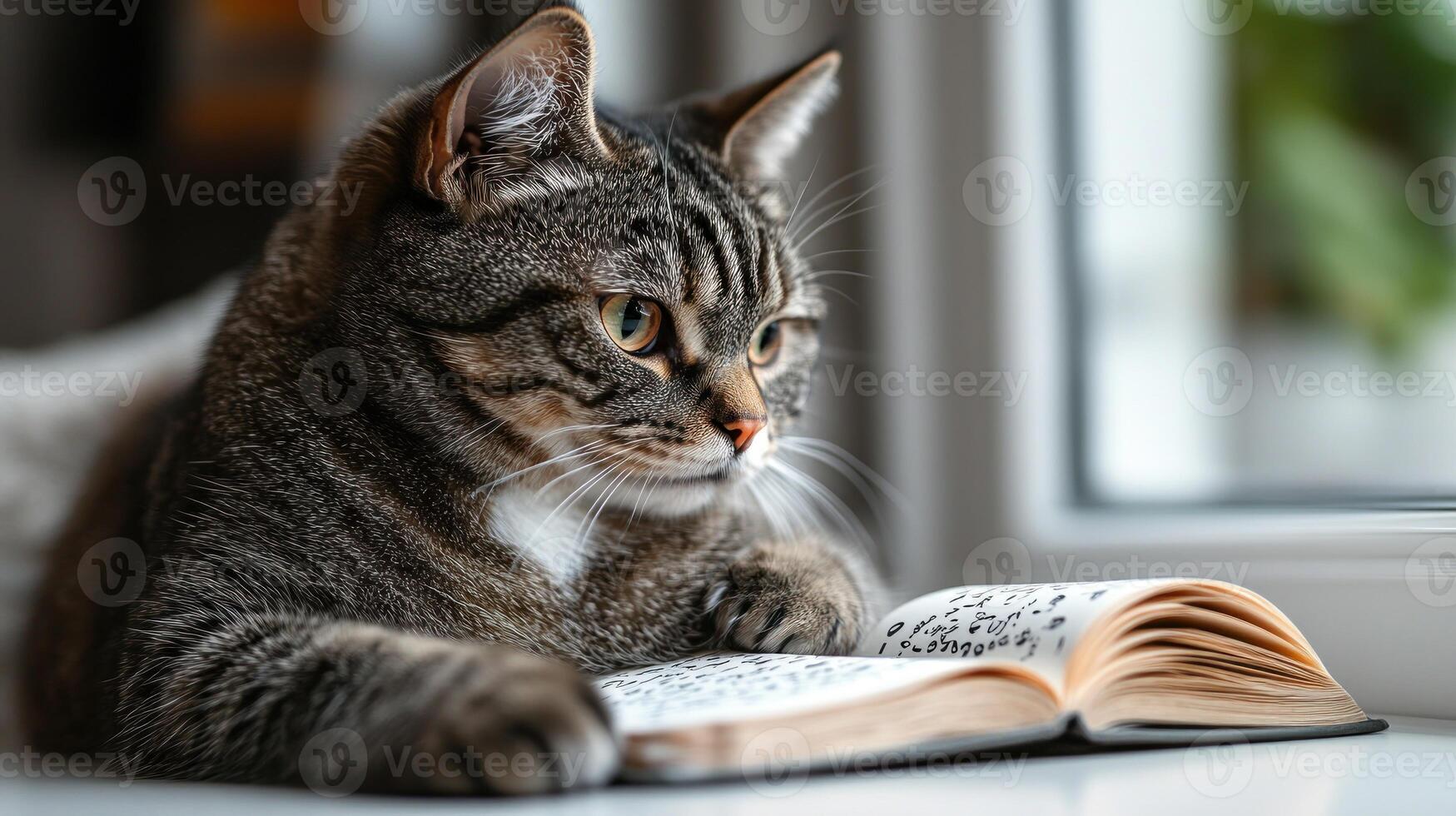 A playful feline studies an open book, basking in warm sunlight by the window photo