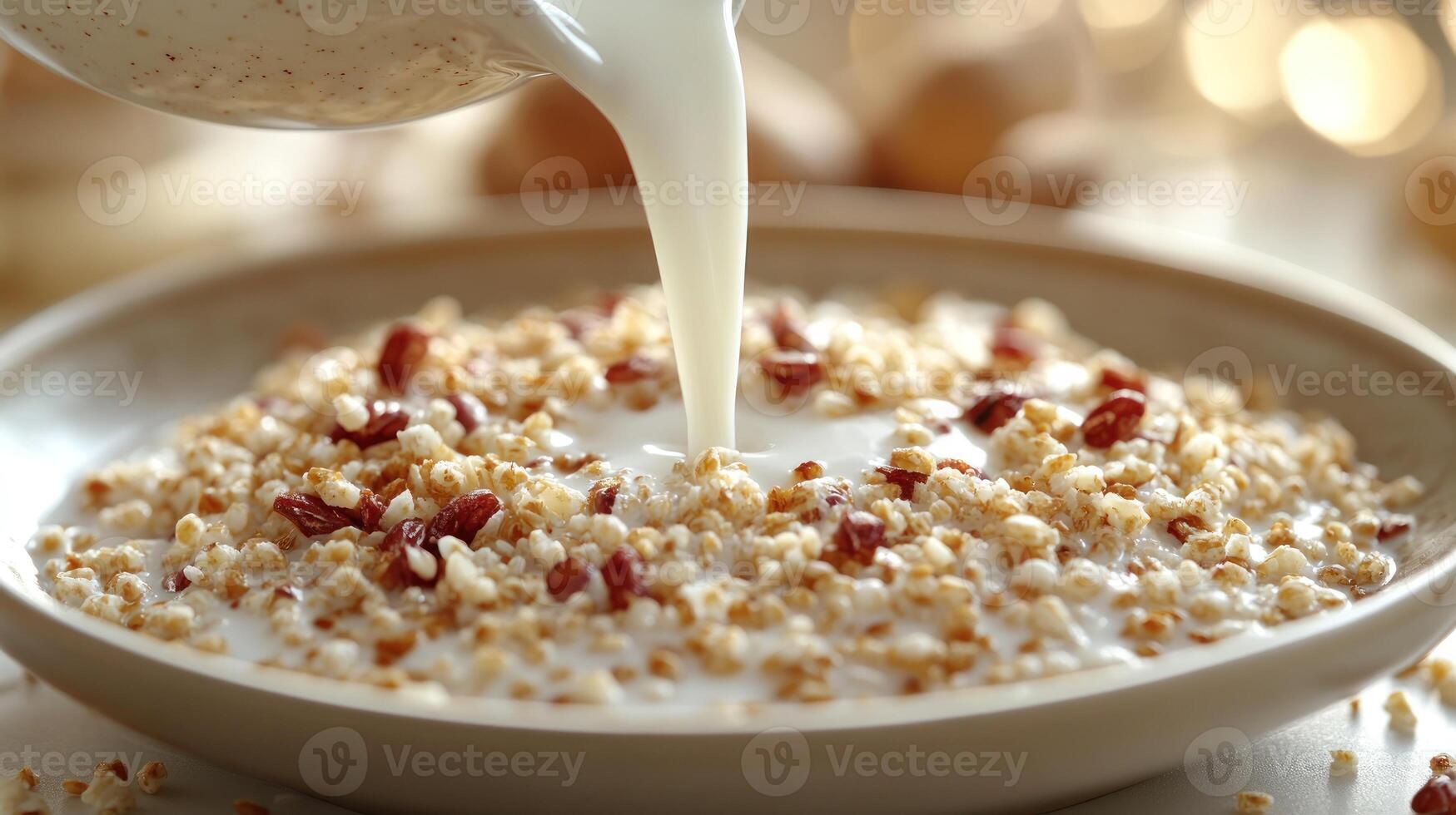 Warm cereal blend being enhanced by pouring fresh milk, creating a delightful breakfast photo
