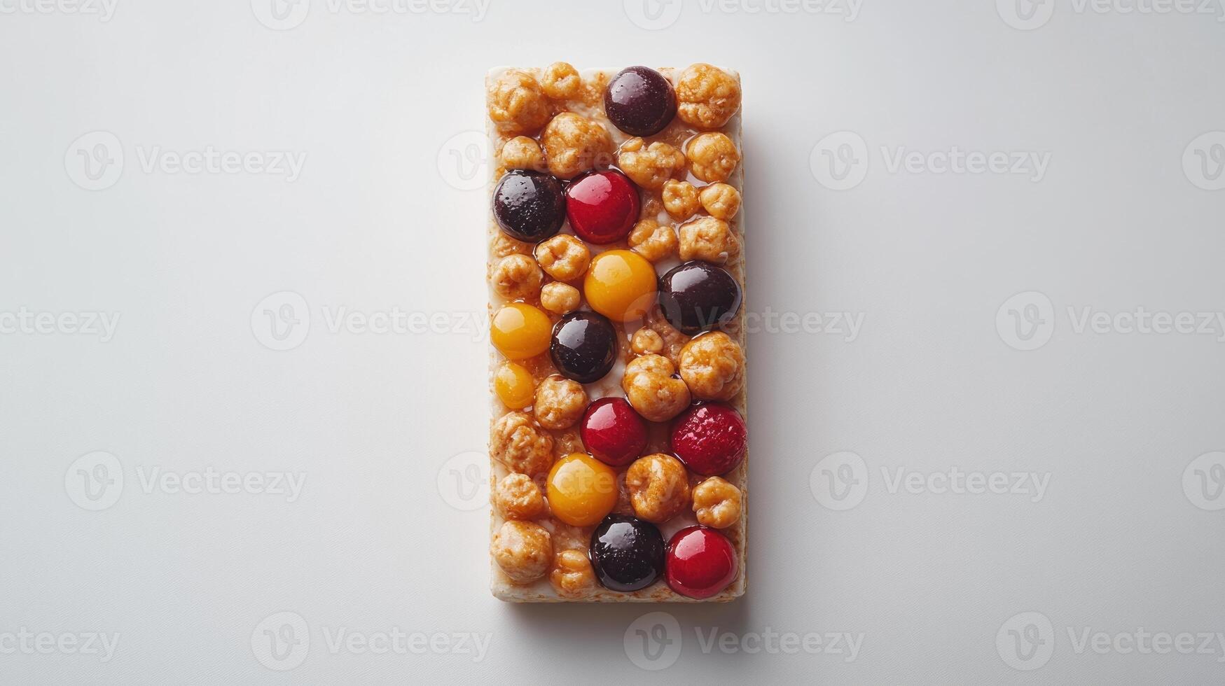 A delicious snack bar featuring a mix of flavored popcorn and assorted fruits photo