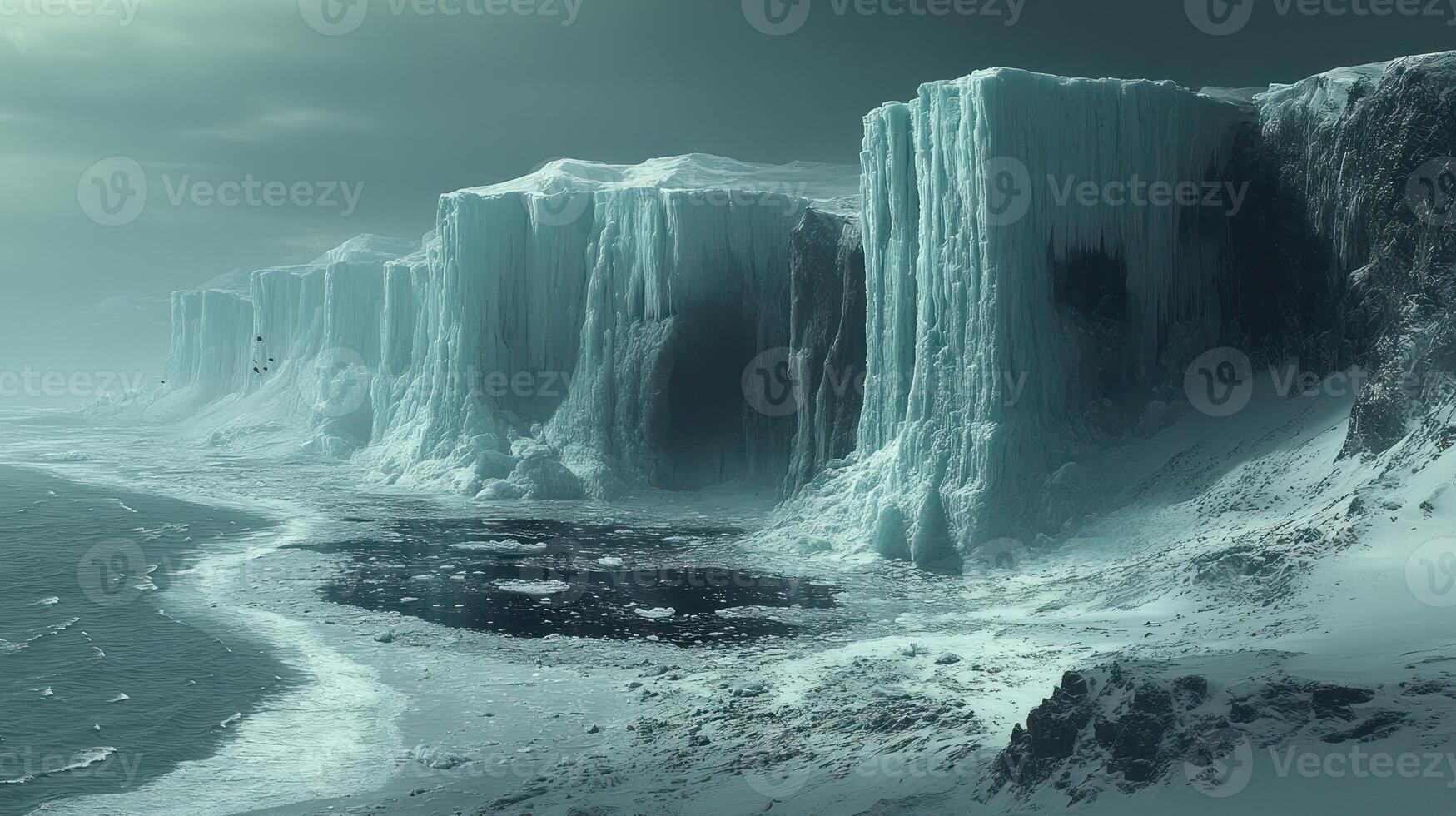 A vast expanse of icy cliffs meets a quiet shoreline, evoking a sense of calmness photo