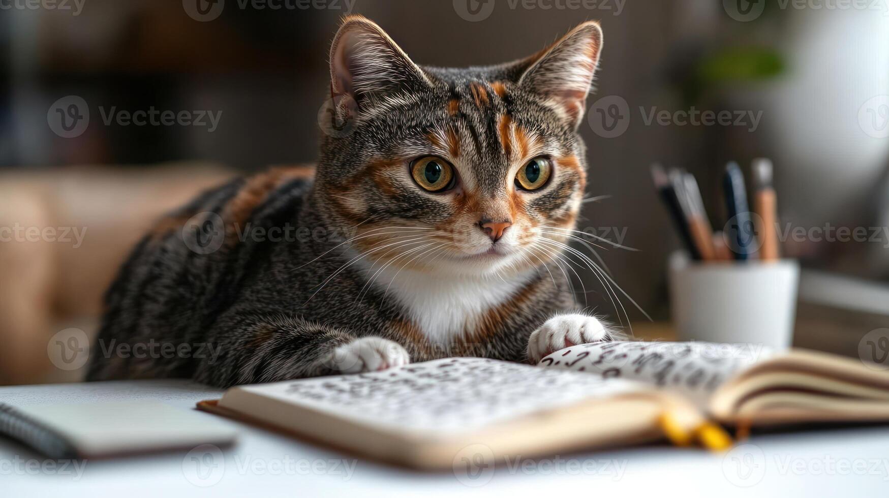 A playful tabby cat curiously watches an open book on a bright desk photo