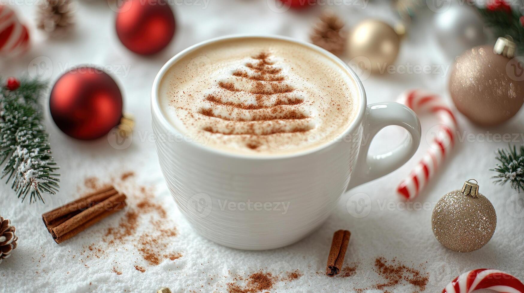 Delight in a cozy cup of spiced coffee adorned with a festive tree pattern photo
