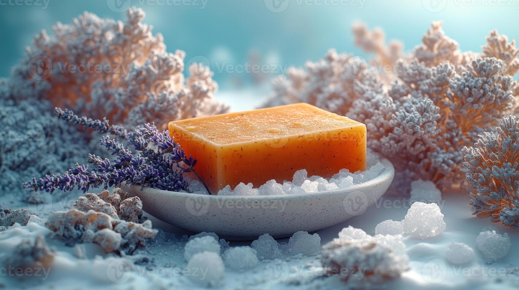 A bar of orange soap surrounded by snow and lavender creates a tranquil winter ambiance photo