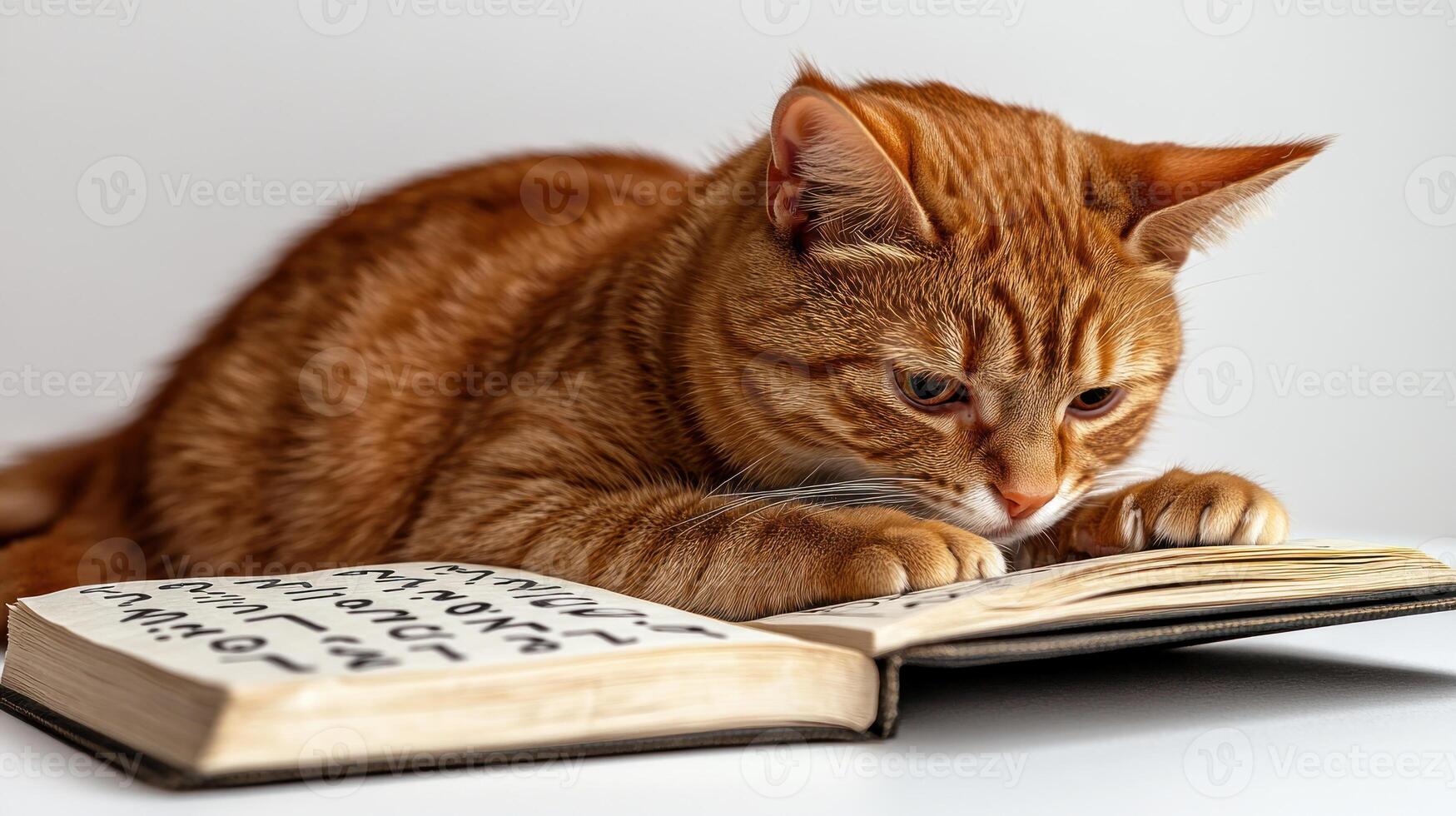 The ginger cat is deeply focused on the book lying before it, paws touching the pages photo