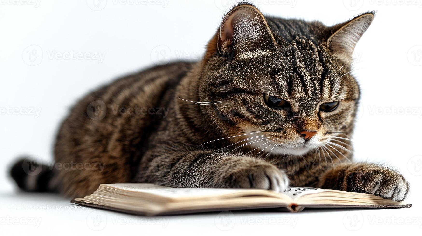 A playful tabby cat explores an open book, showcasing its curious nature and focus photo