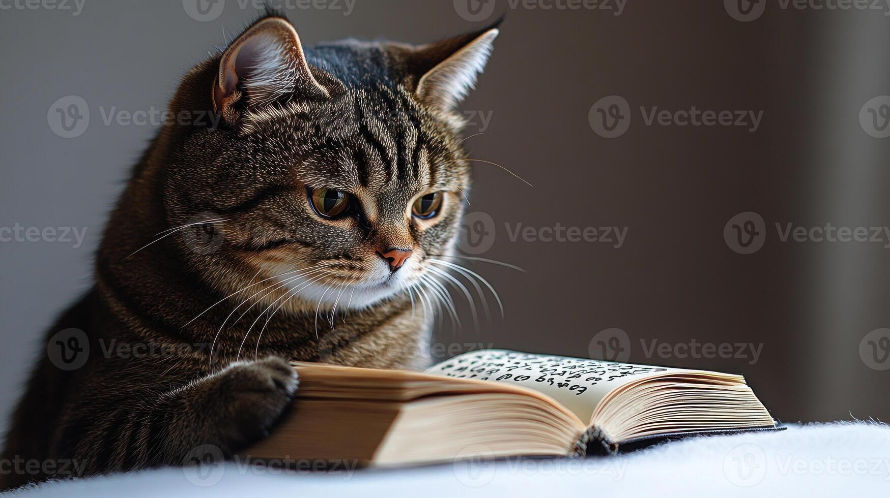 A cat is deeply focused on exploring the contents of a book, enjoying tranquility photo