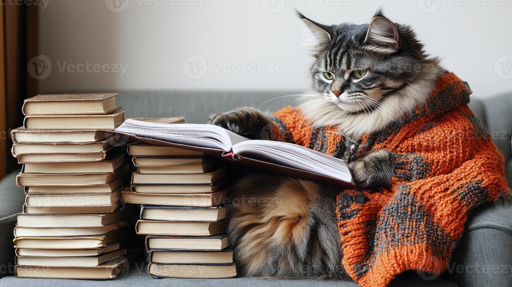 A fluffy cat, wrapped in a vibrant sweater, curiously reads a book amid book stacks photo