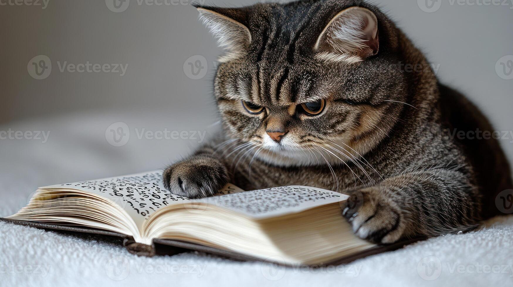 A focused cat explores the pages of a book with great curiosity and attention photo