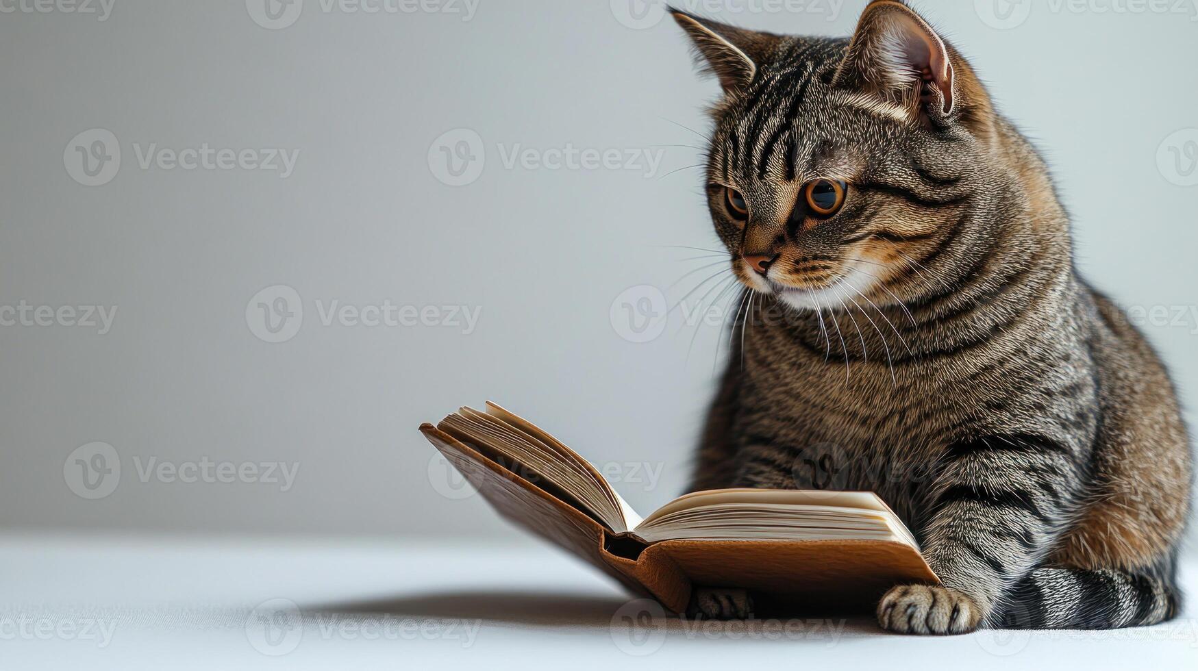 A tabby cat gazes with curiosity at a book, lost in thought and wonder photo