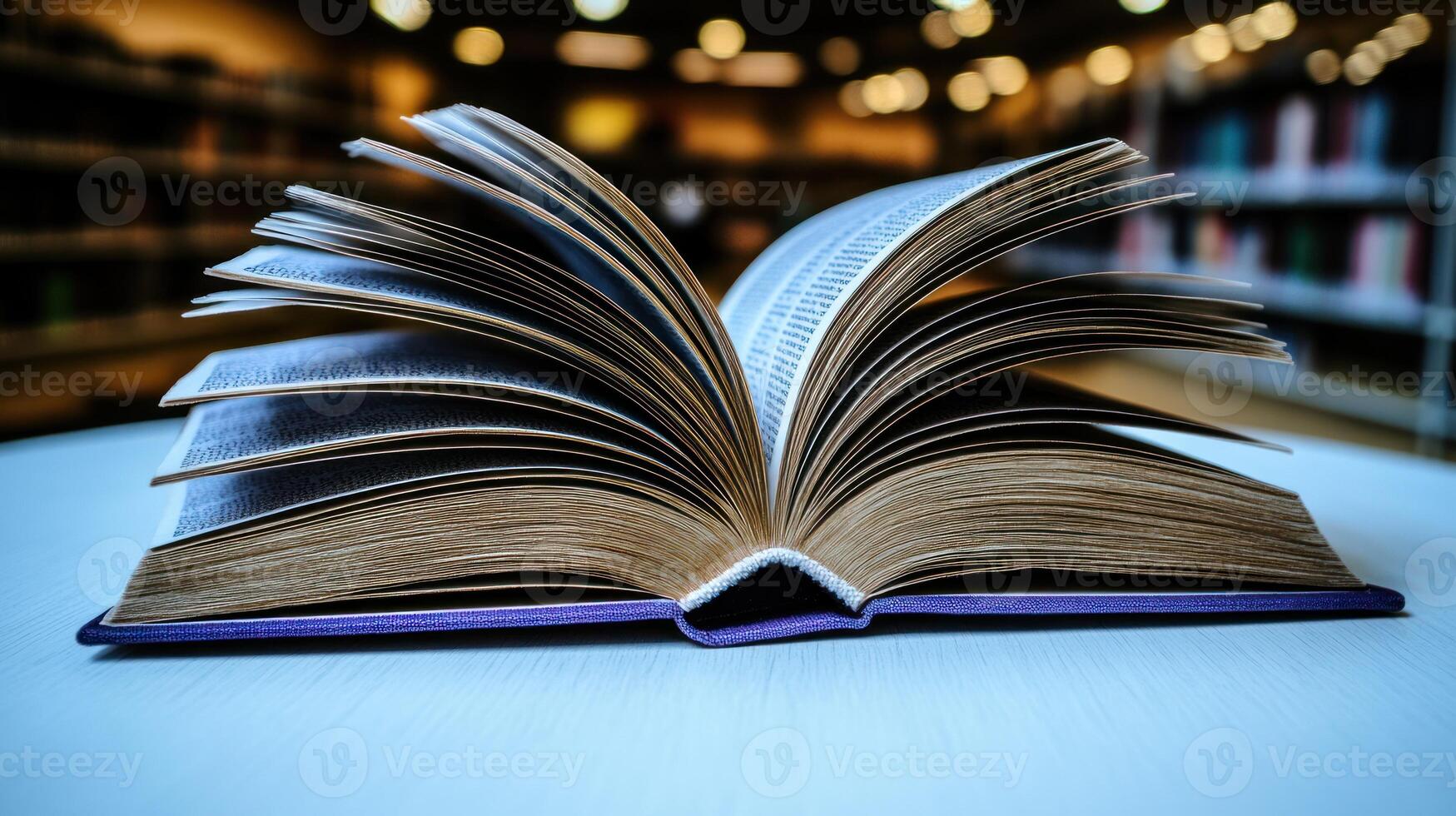 An open book showcases its pages, inviting readers in a warm library atmosphere photo