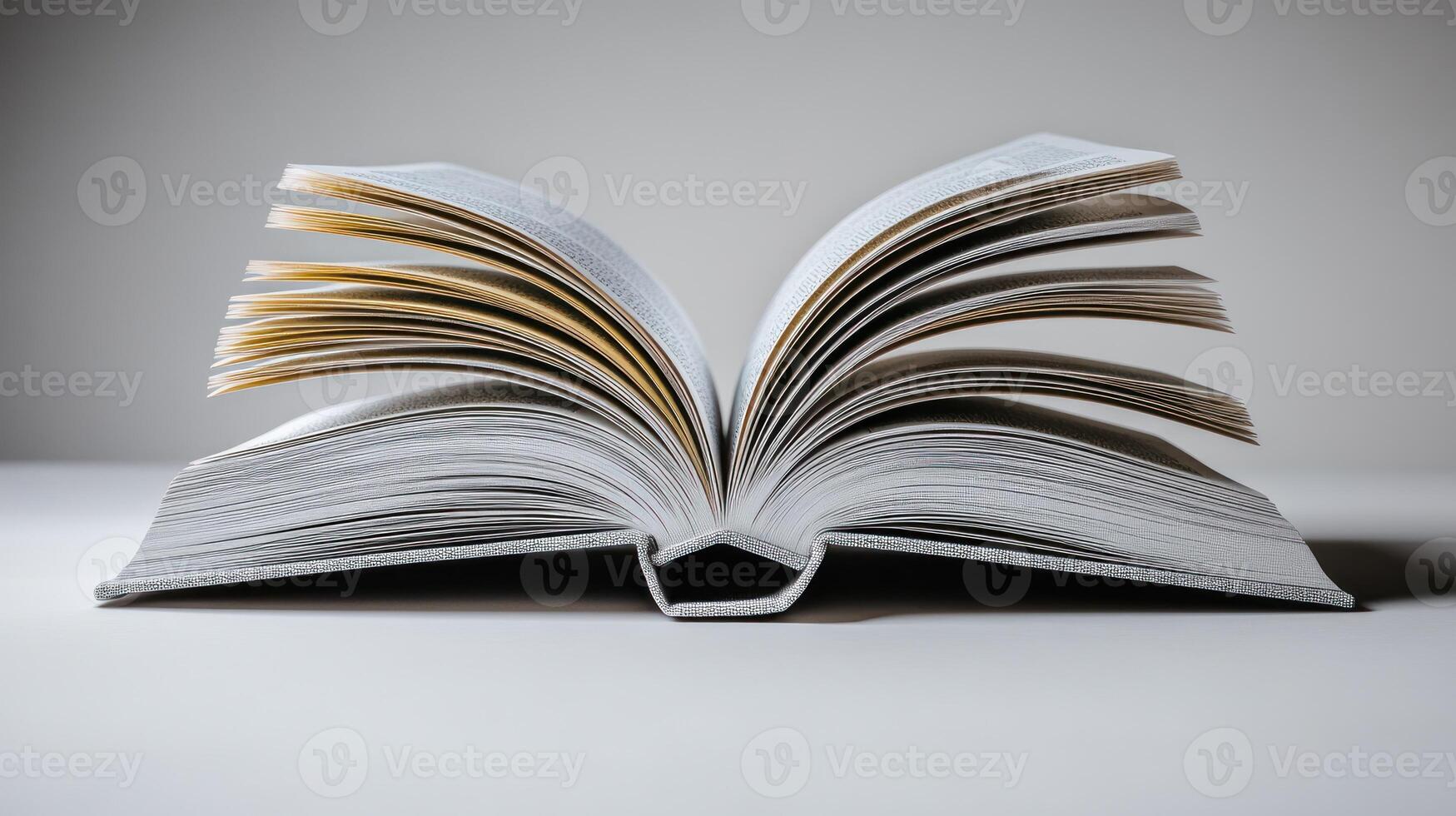 An open book with fanned pages rests invitingly on a minimalist surface photo