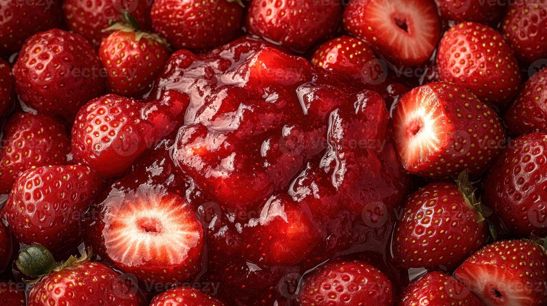 Juicy strawberries encircle a delicious, glistening strawberry jam, inviting indulgence photo