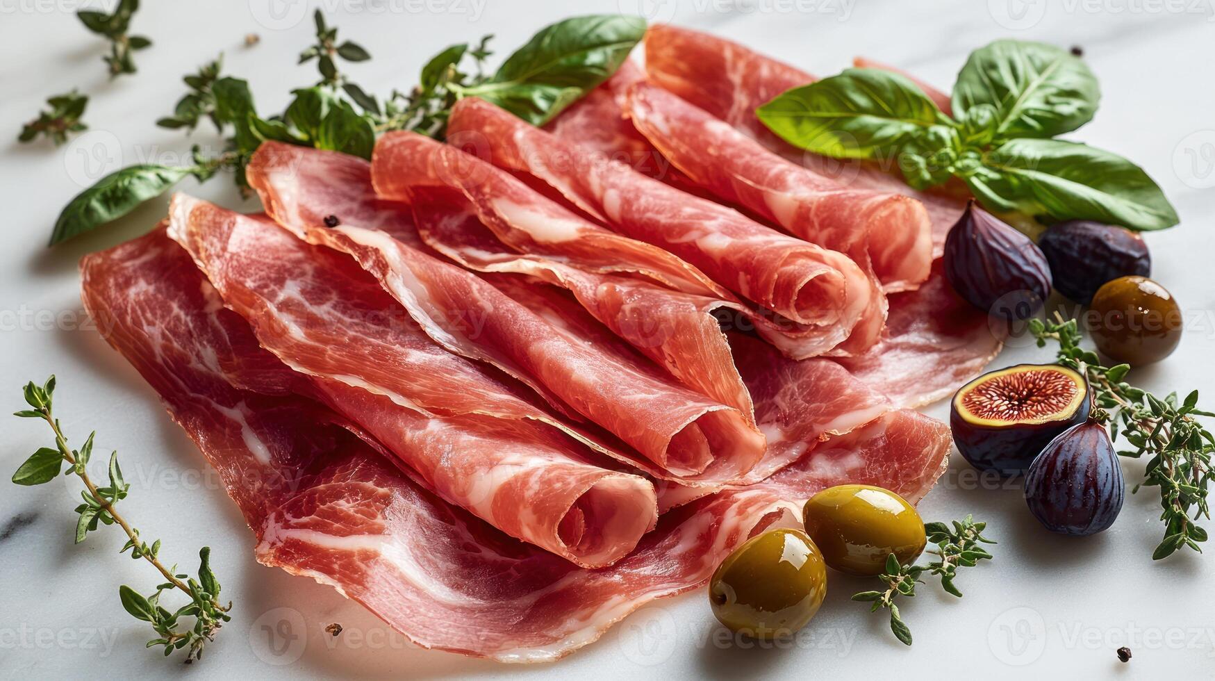 Delicious prosciutto elegantly arranged with herbs and ripe figs for a culinary delight photo