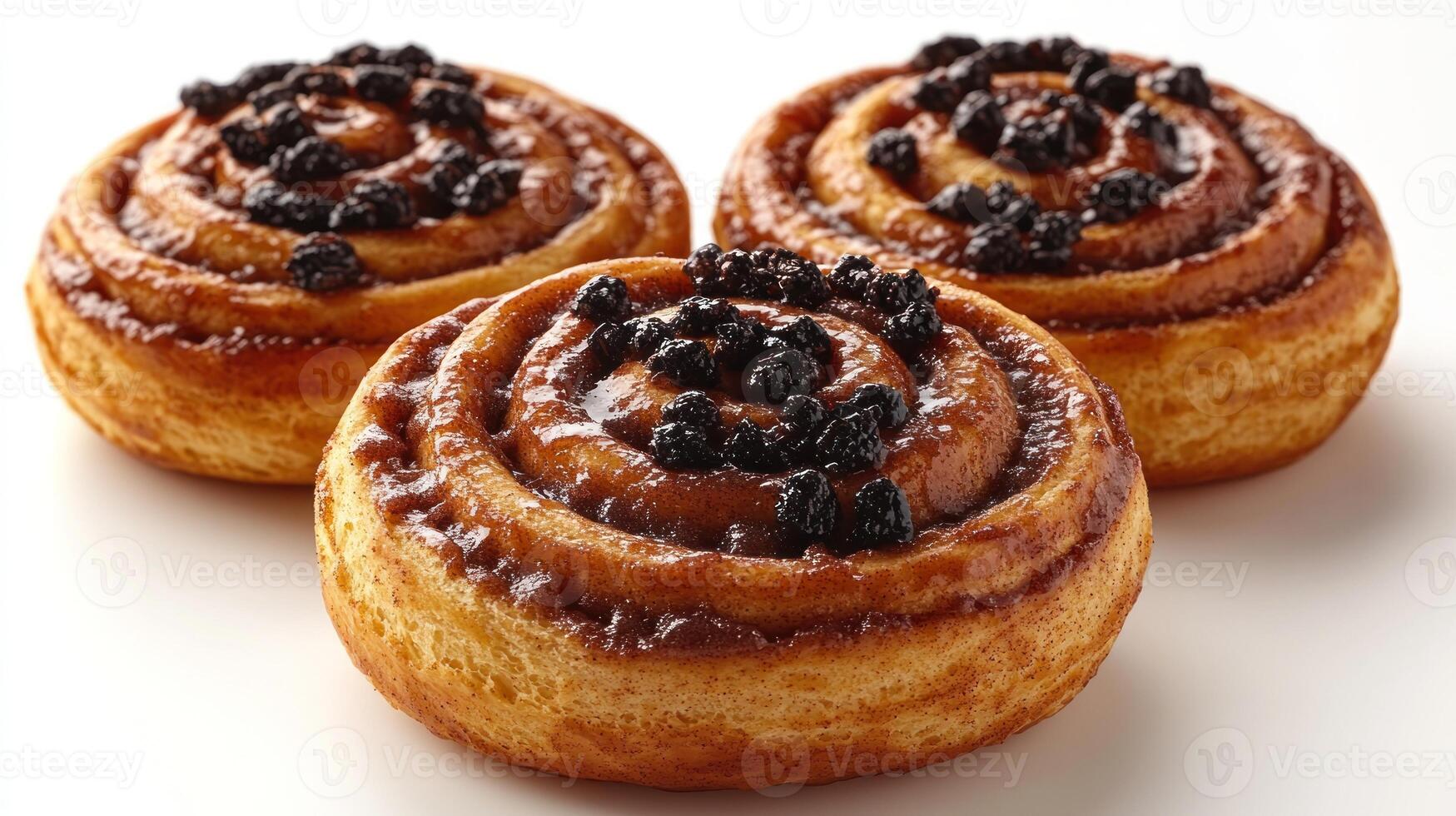 Delicious cinnamon rolls topped with sweet icing and black currants await enjoyment photo