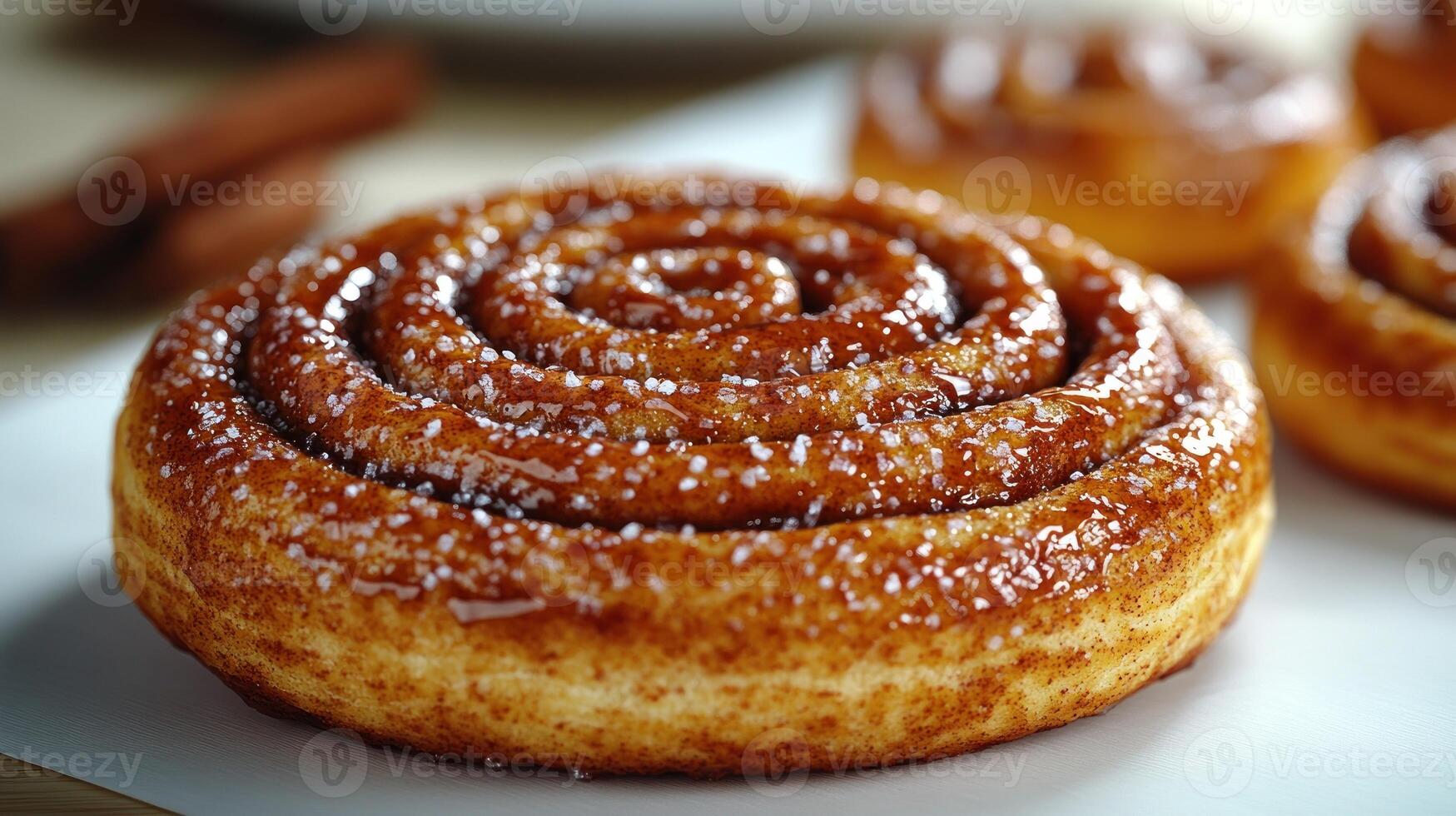 Warm cinnamon rolls glisten with sugary glaze, ready to delight taste buds photo