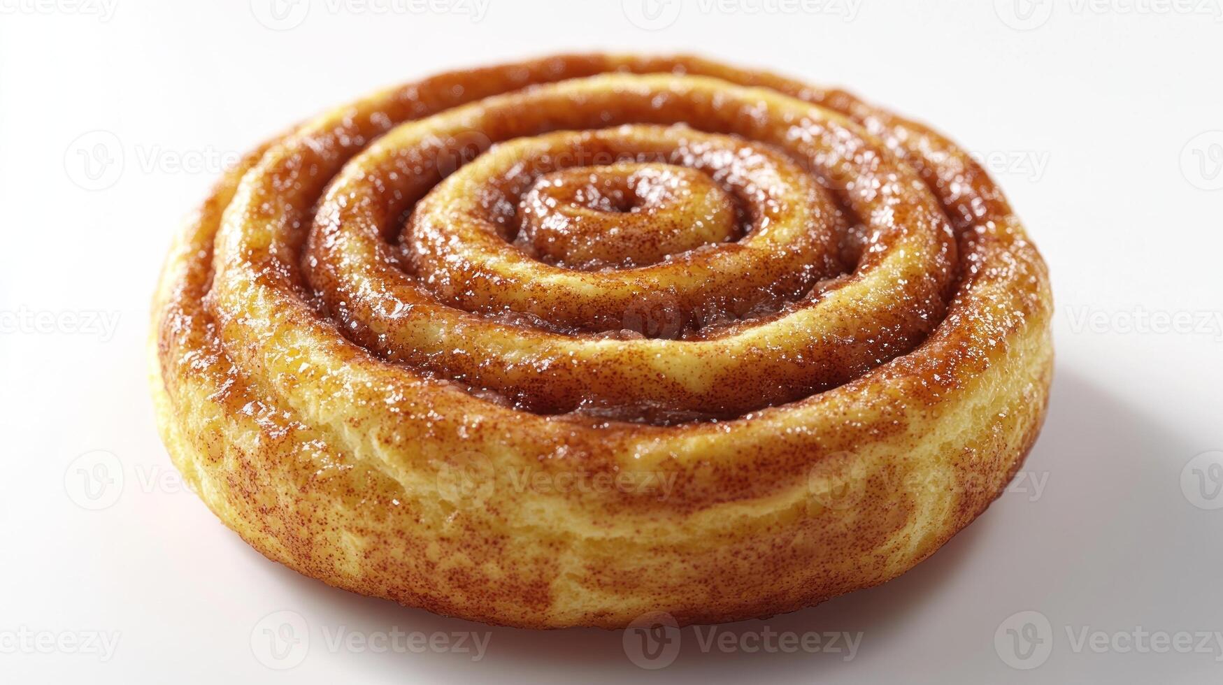 A freshly baked cinnamon roll glistens with sweet glaze on a clean surface photo