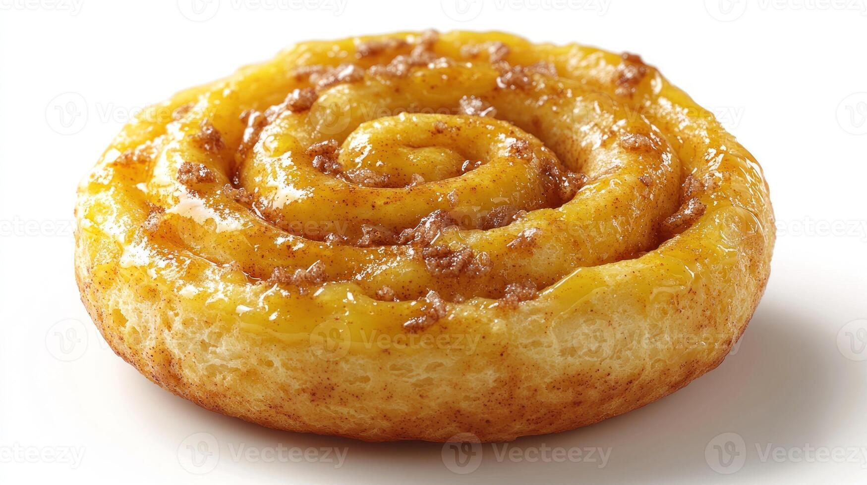Warm cinnamon roll with a rich glaze, invitingly spiral-shaped and deliciously sweet photo