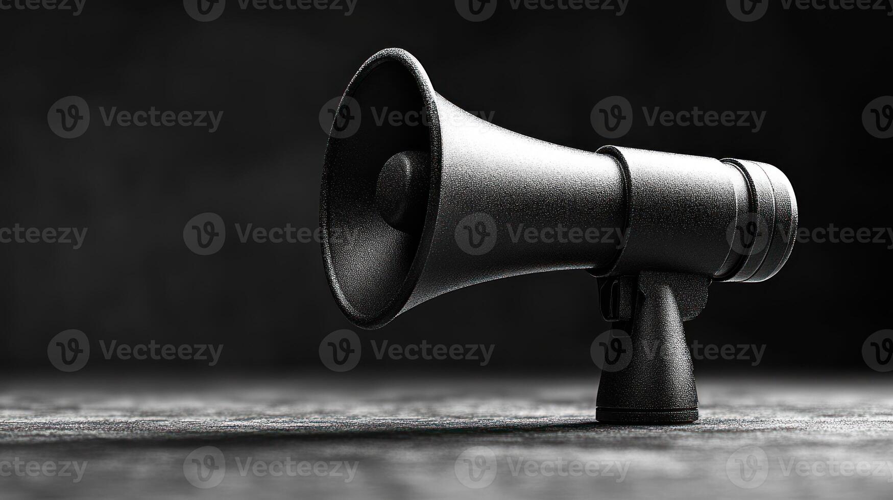 An old-fashioned megaphone stands alone, casting shadows against the background photo