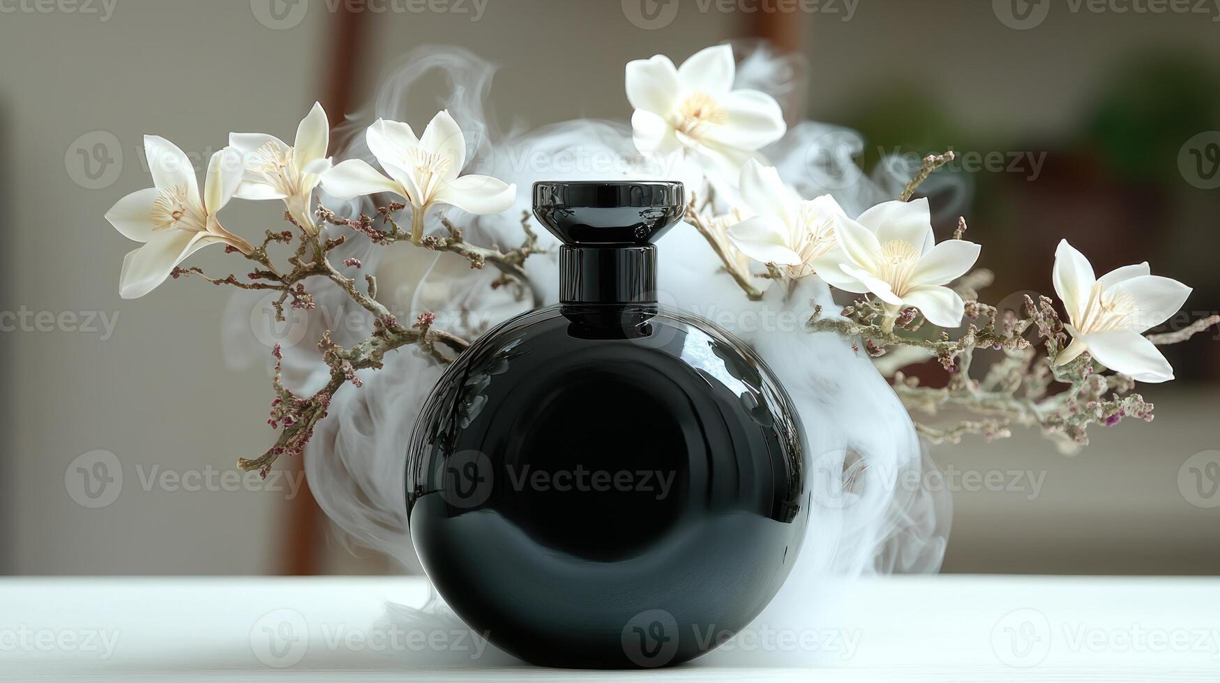 A sleek black bottle rests with white flowers, creating a peaceful atmosphere photo