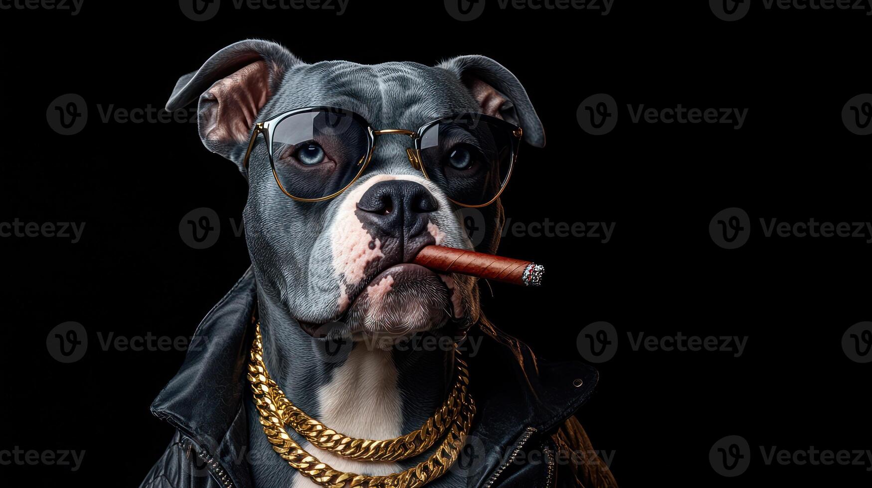 A fashionable dog sits confidently, flaunting sunglasses and gold chains photo
