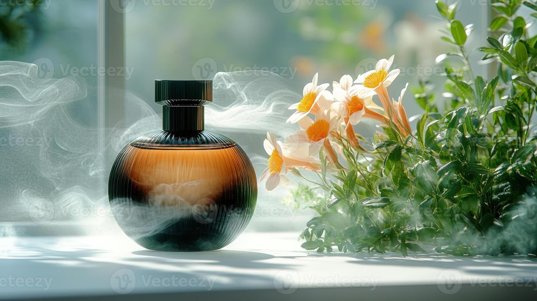 A beautifully designed bottle rests beside vibrant flowers, releasing soft aromatic mist photo