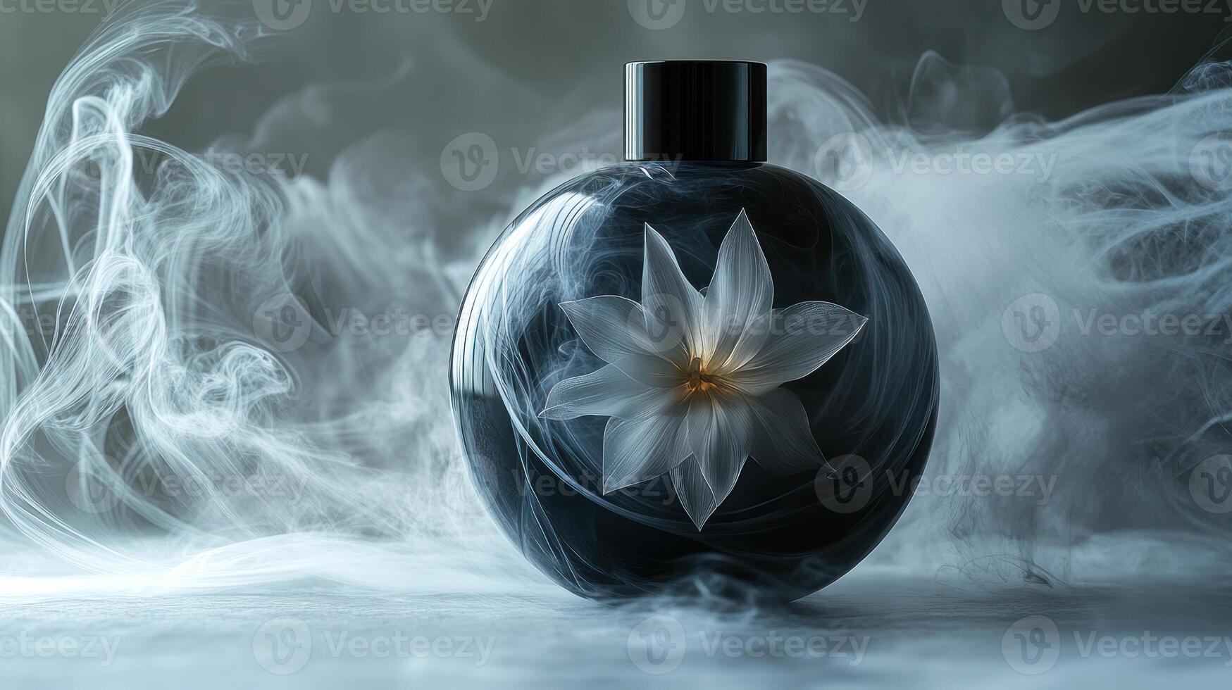 A beautiful flower rests inside a glossy bottle, surrounded by soft, swirling fog photo