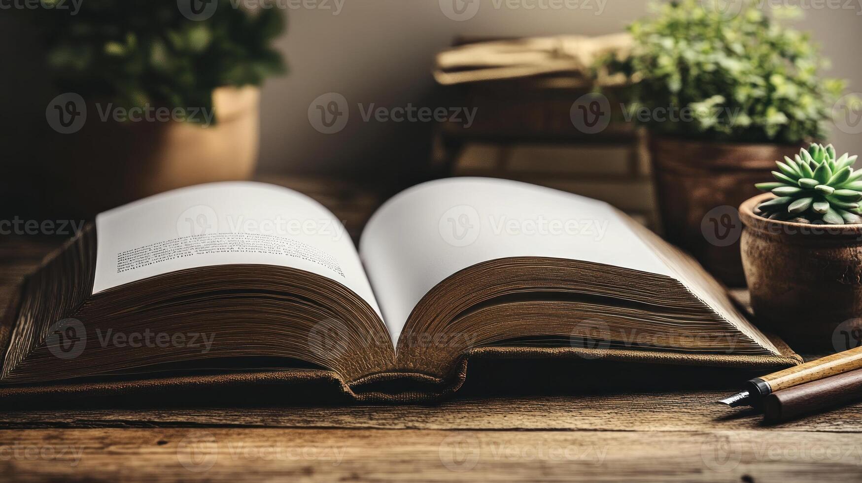 A vintage book lies open on a wooden table, inviting creativity and inspiration photo