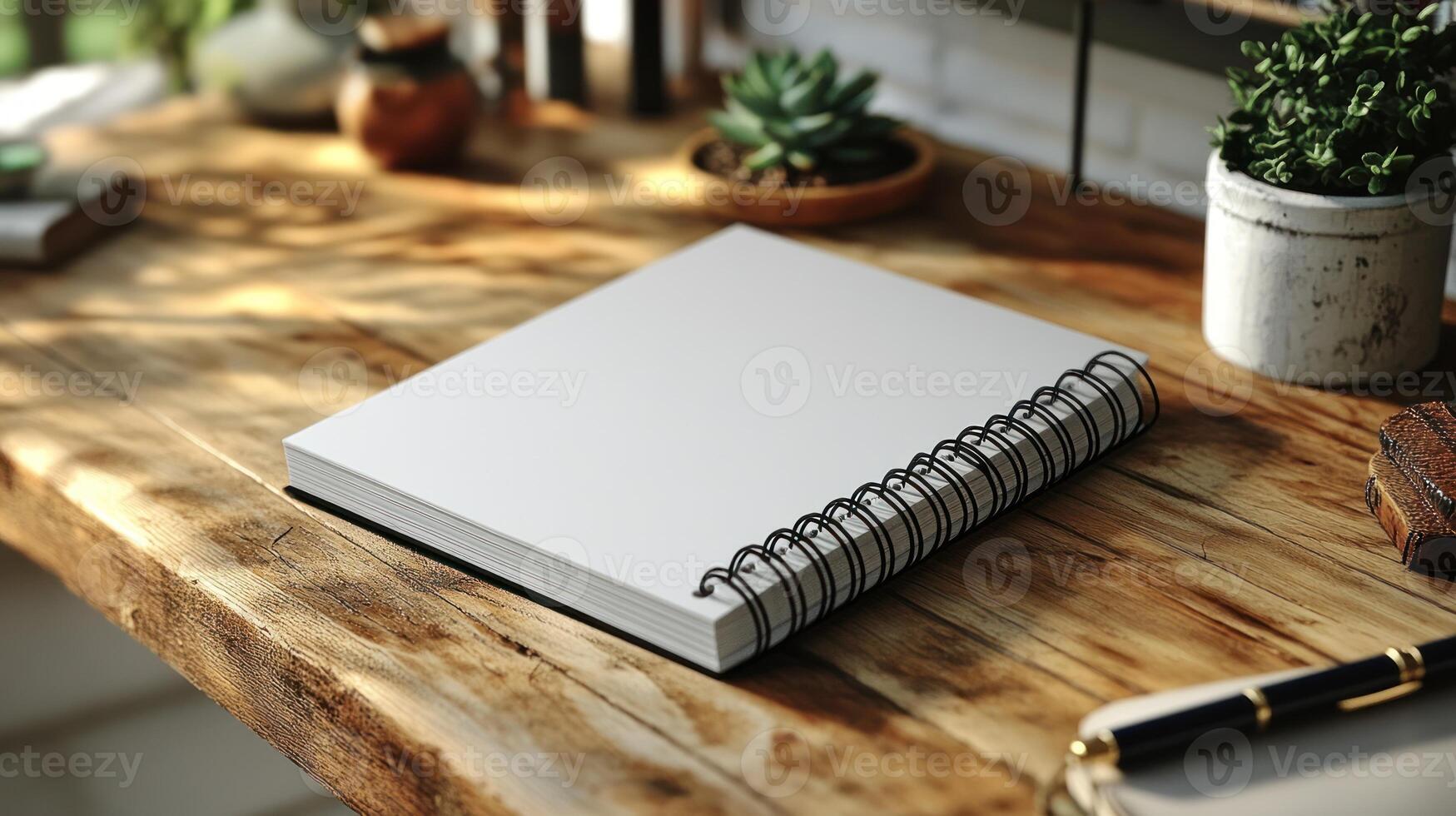 A sketchbook lies open on a natural wood surface surrounded by vibrant plants photo