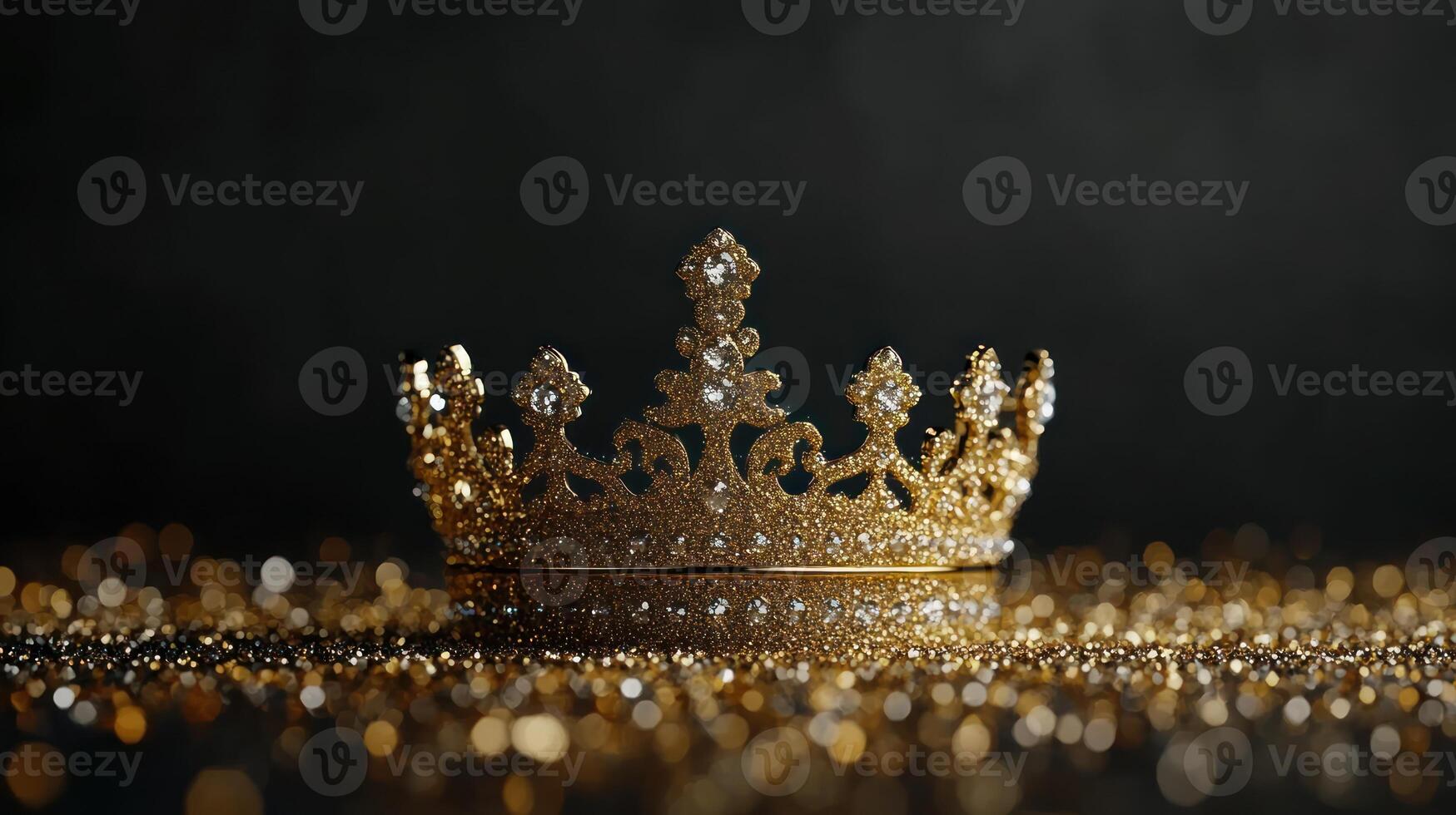 A magnificent crown glimmers with jewels, resting on sparkling golden surfaces photo