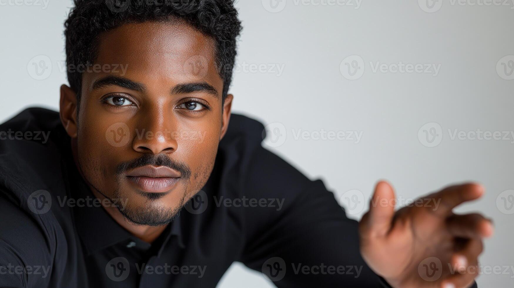 The young man radiates confidence and style with an engaging pose photo
