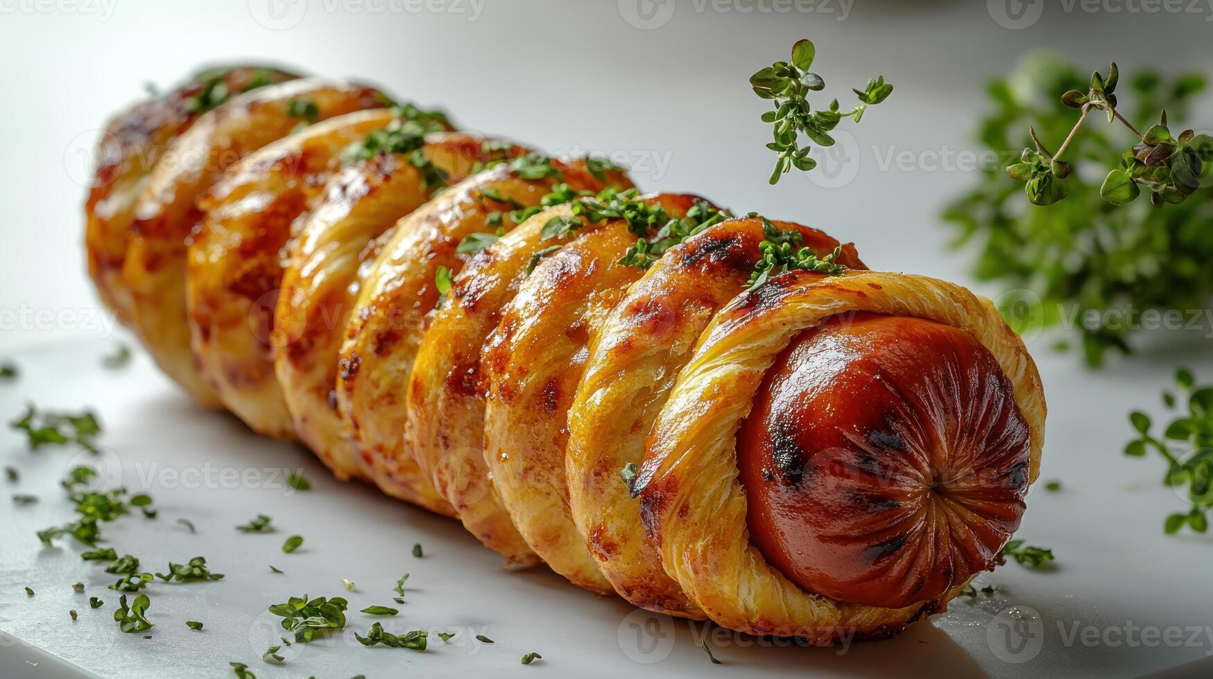 A delicious hot dog wrapped in a golden pastry swirl, highlighting freshness photo