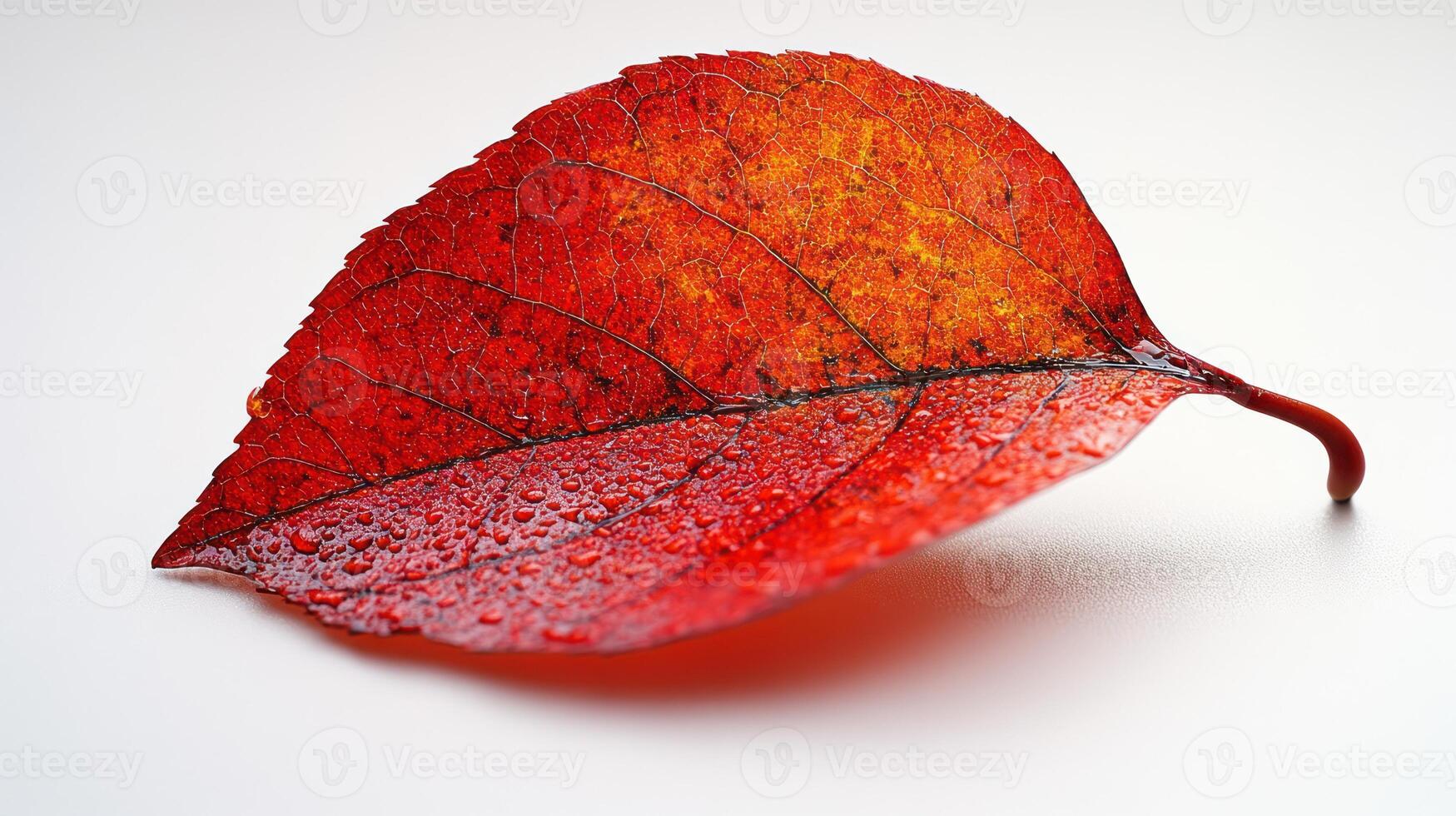 The striking red leaf adorned with droplets rests elegantly on a smooth white backdrop photo