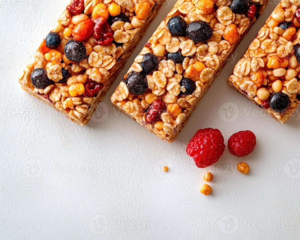 Nutritious granola bars with colorful fruits and nuts ready for a healthy snack photo
