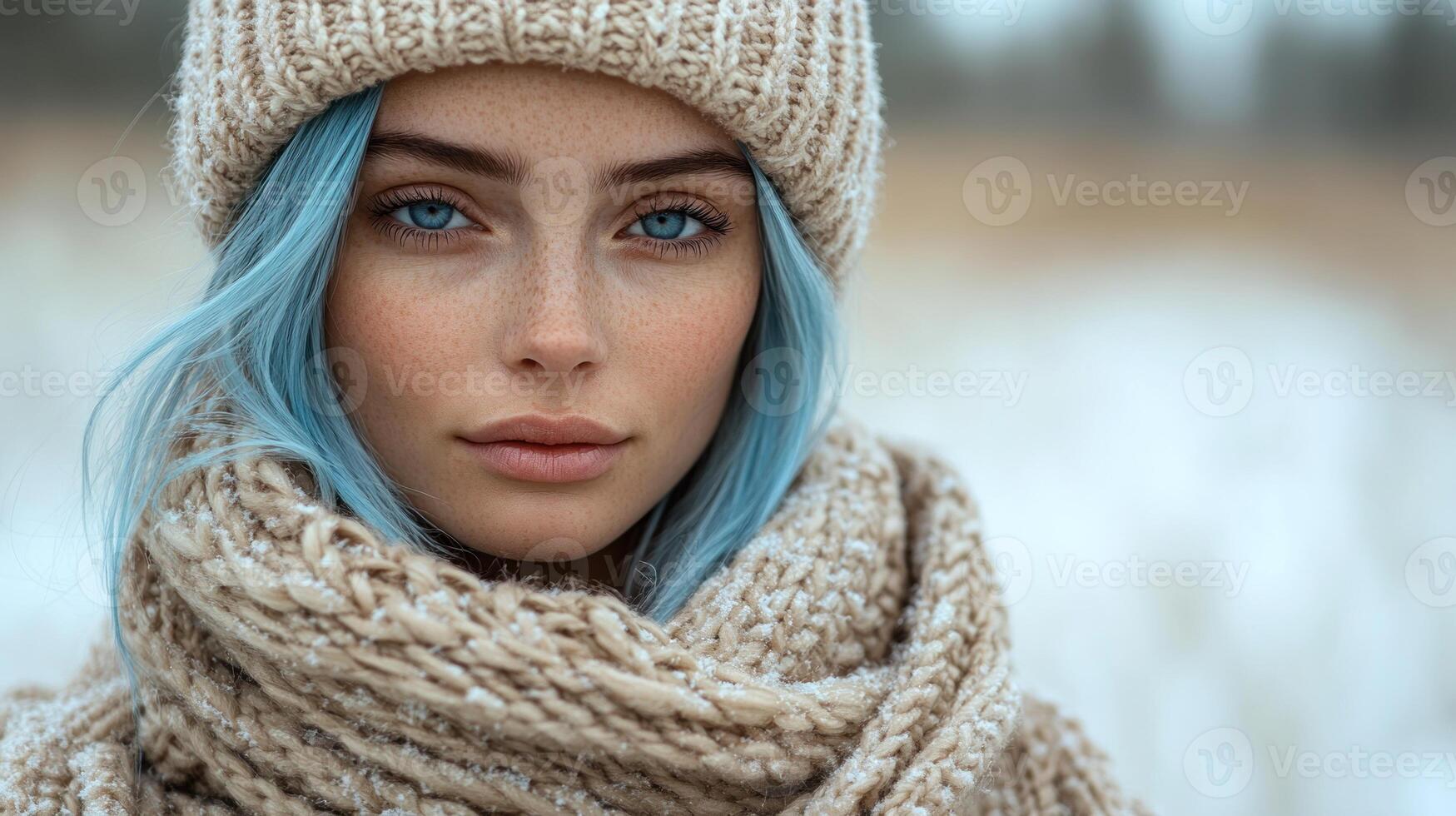 A charming individual wrapped in warm clothing stands against a serene snowy backdrop photo