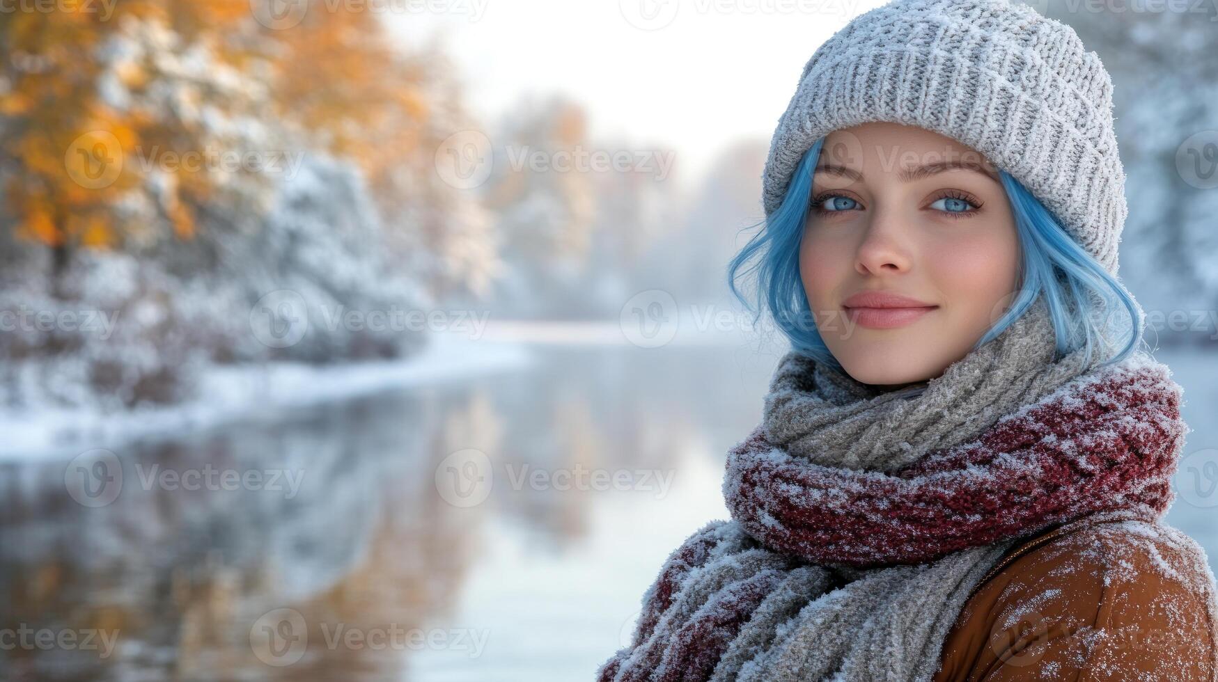 The woman smiles warmly, clad in cozy layers, against a peaceful snowy landscape photo