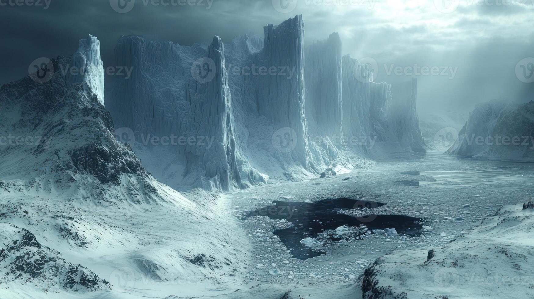 Ice formations rise above a calm, dark water surface in nature's embrace photo