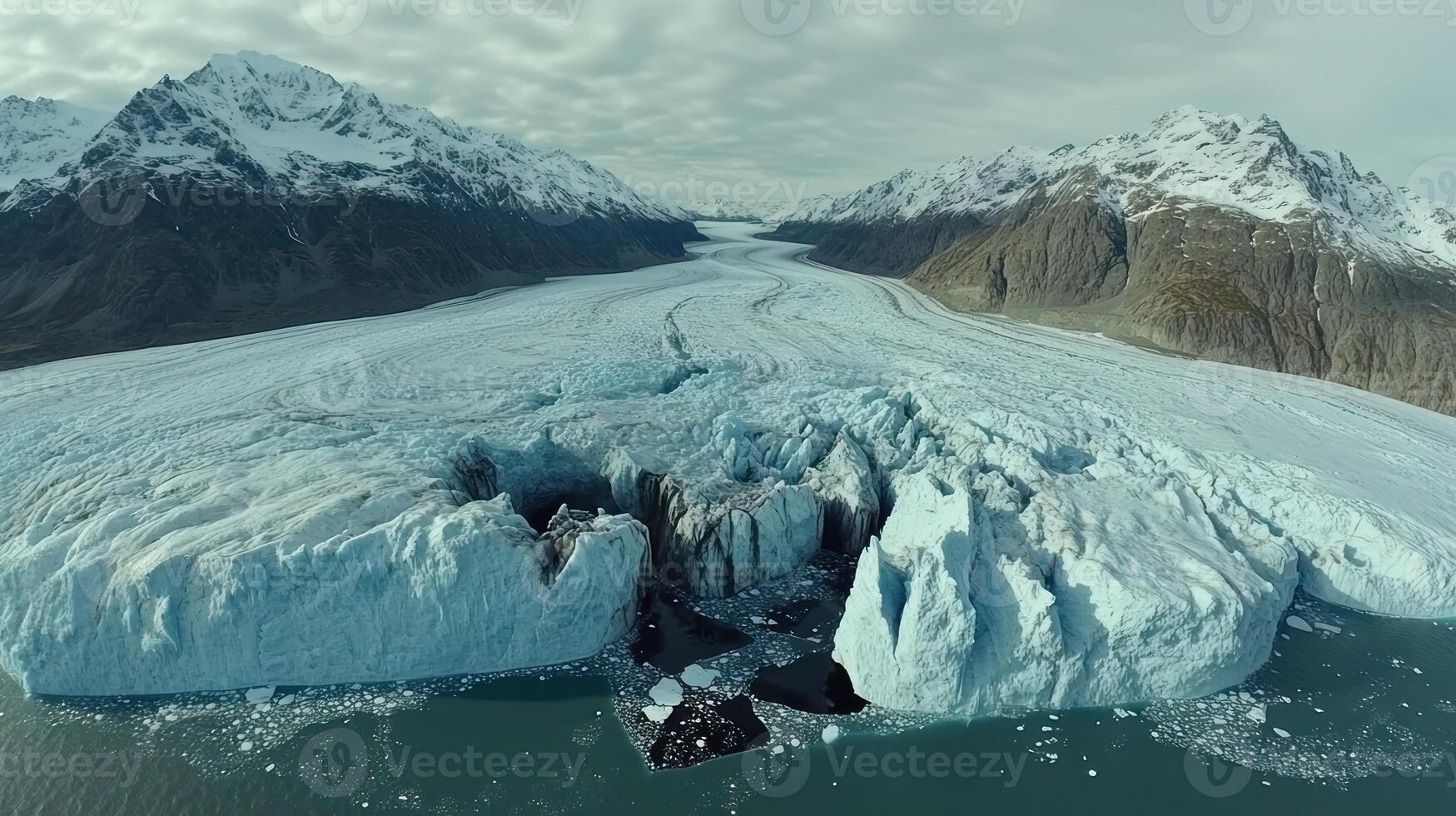 A large glacier dramatically breaks apart, creating splashes in the serene water below photo