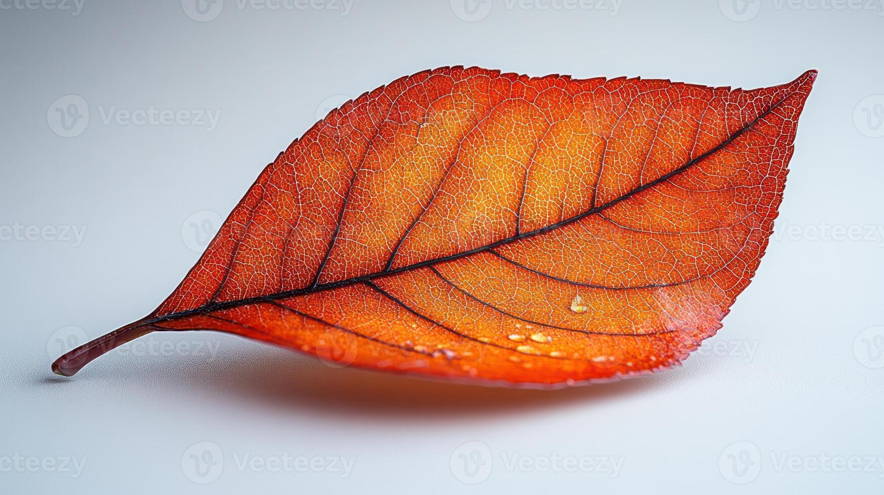 A striking red leaf rests on a smooth surface, adorned with delicate droplets of dew photo