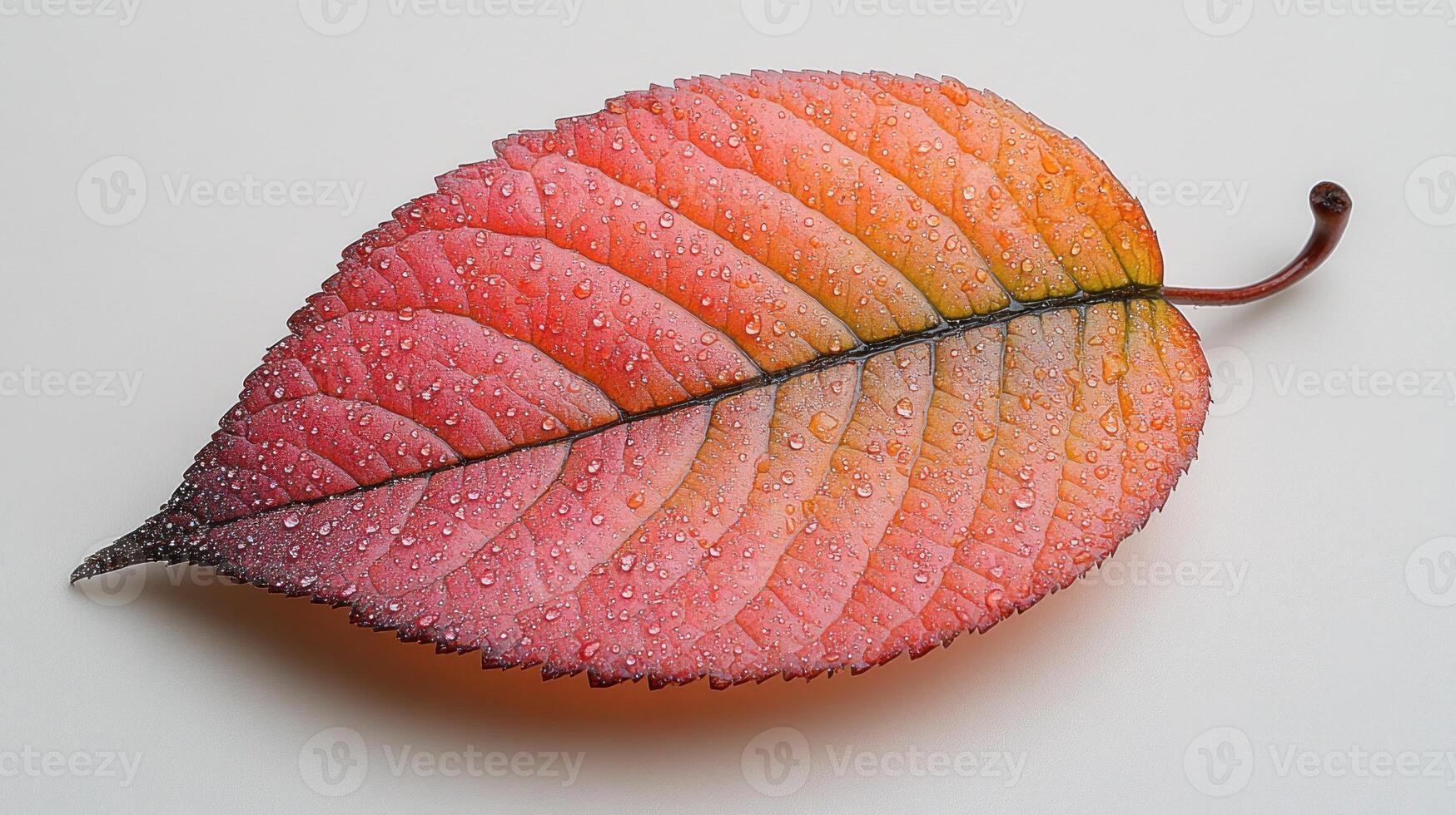 A vibrant autumn leaf with water droplets on its surface photo