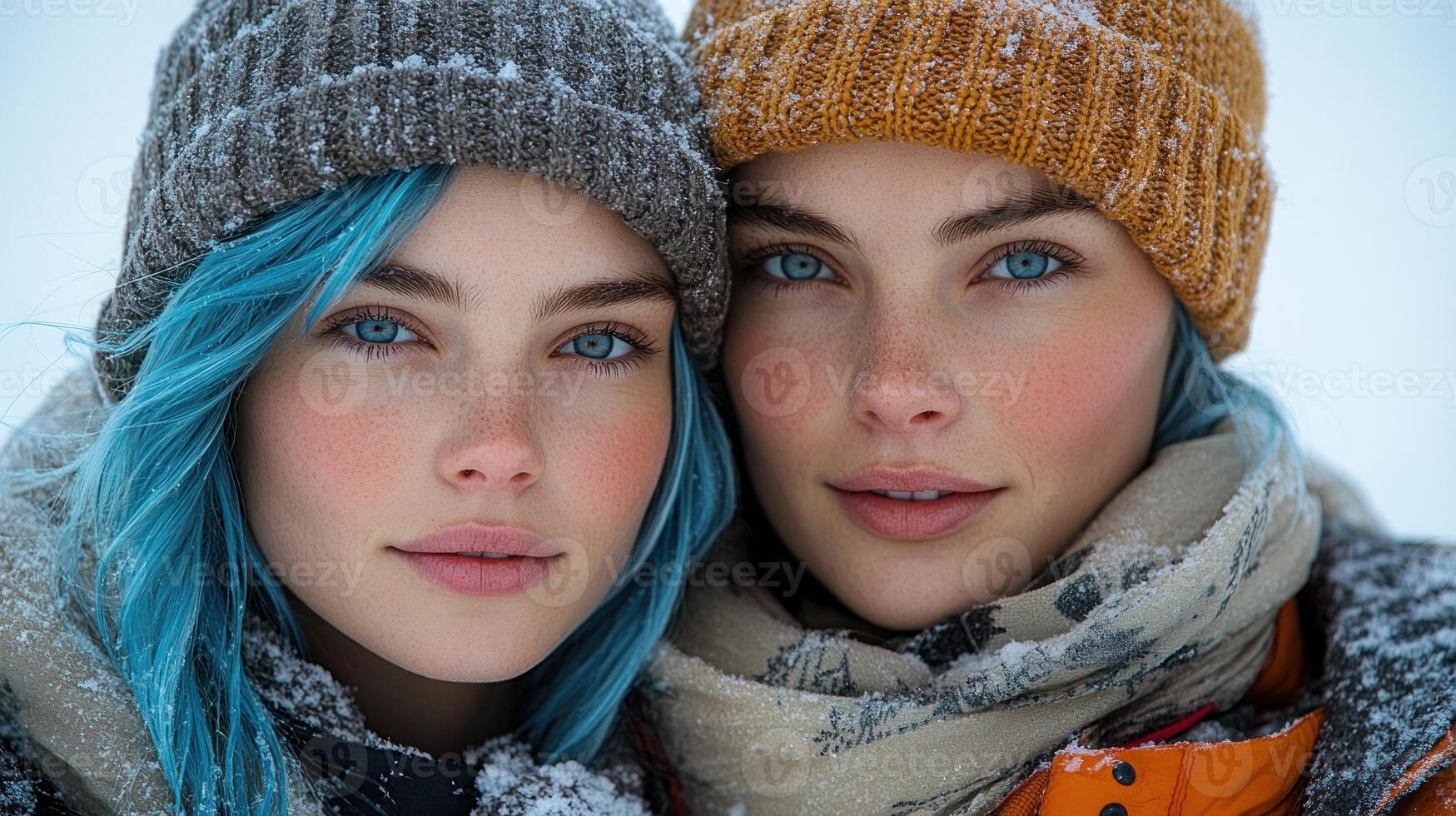 Sisters showcase vibrant blue hair and warm expressions amidst a snowy backdrop photo