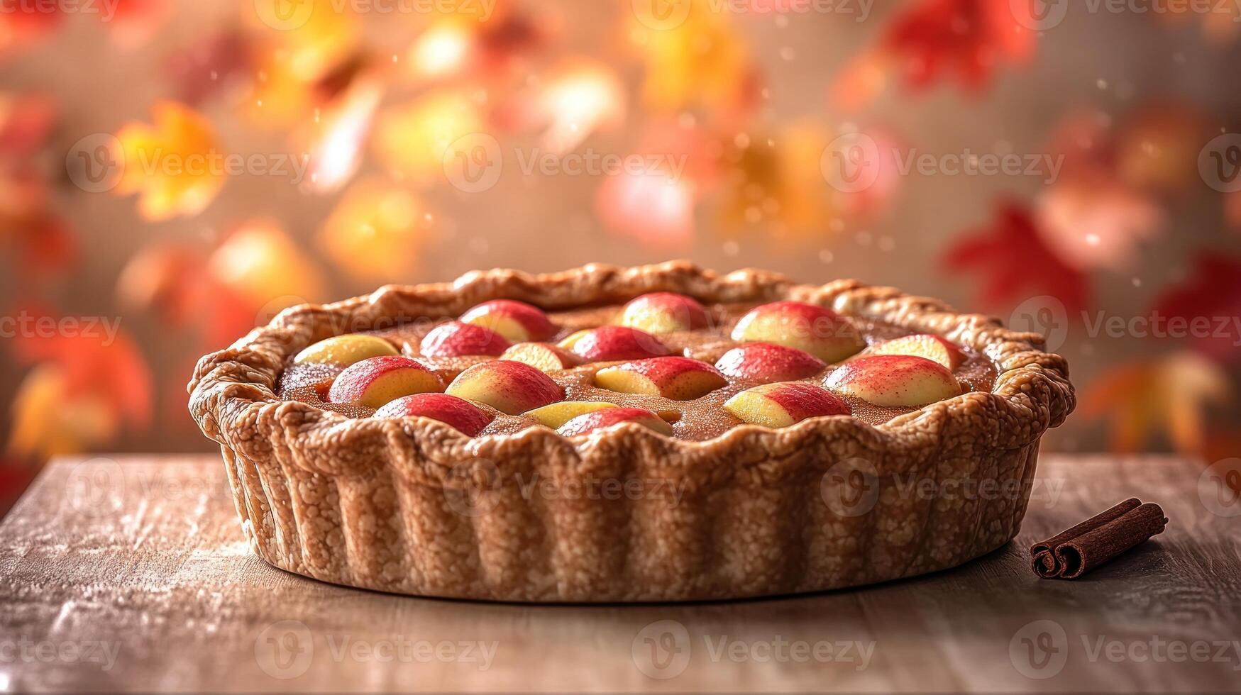 A freshly baked apple pie sits on a wooden table, surrounded by colorful autumn leaves photo