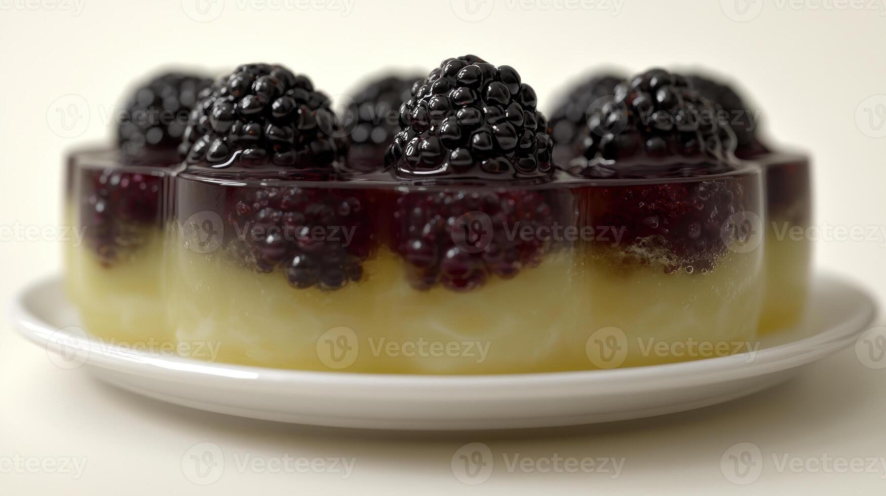 This treat features glossy black raspberries on a rich gelatin layer, inviting indulgence photo