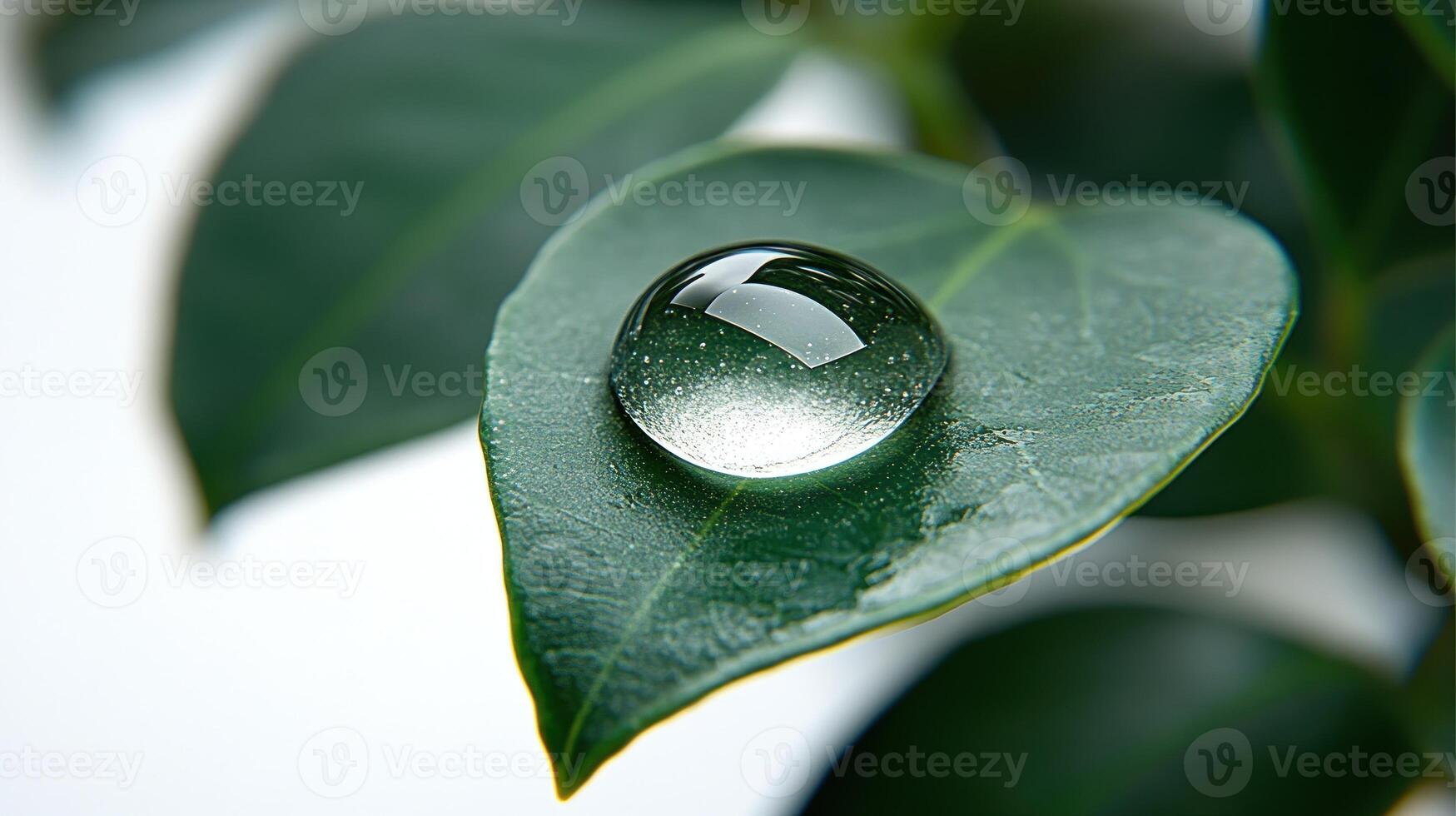 A solitary dewdrop rests gracefully on a lush green leaf, reflecting light photo