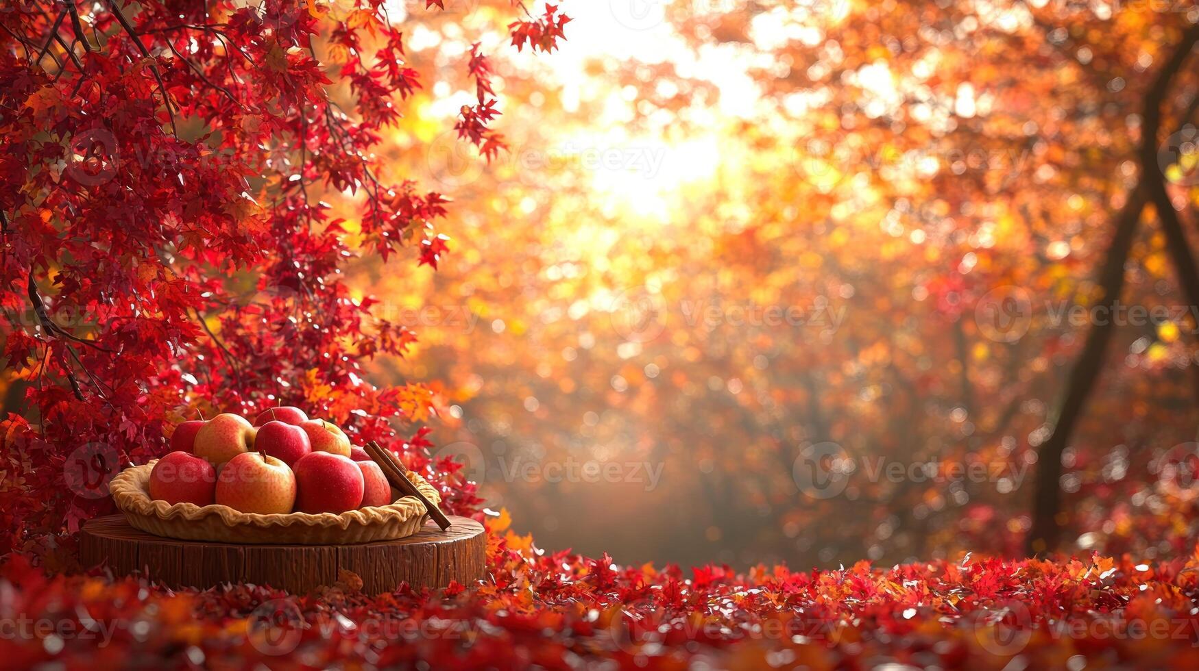 Golden sunlight streams through colorful autumn foliage surrounding a basket of apples photo