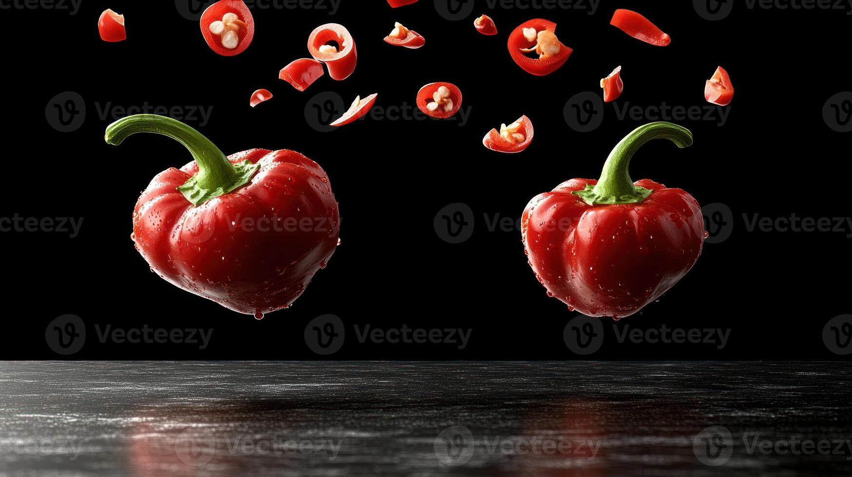 Vibrant red peppers elevate above a dark surface, with sliced bits cascading around them photo