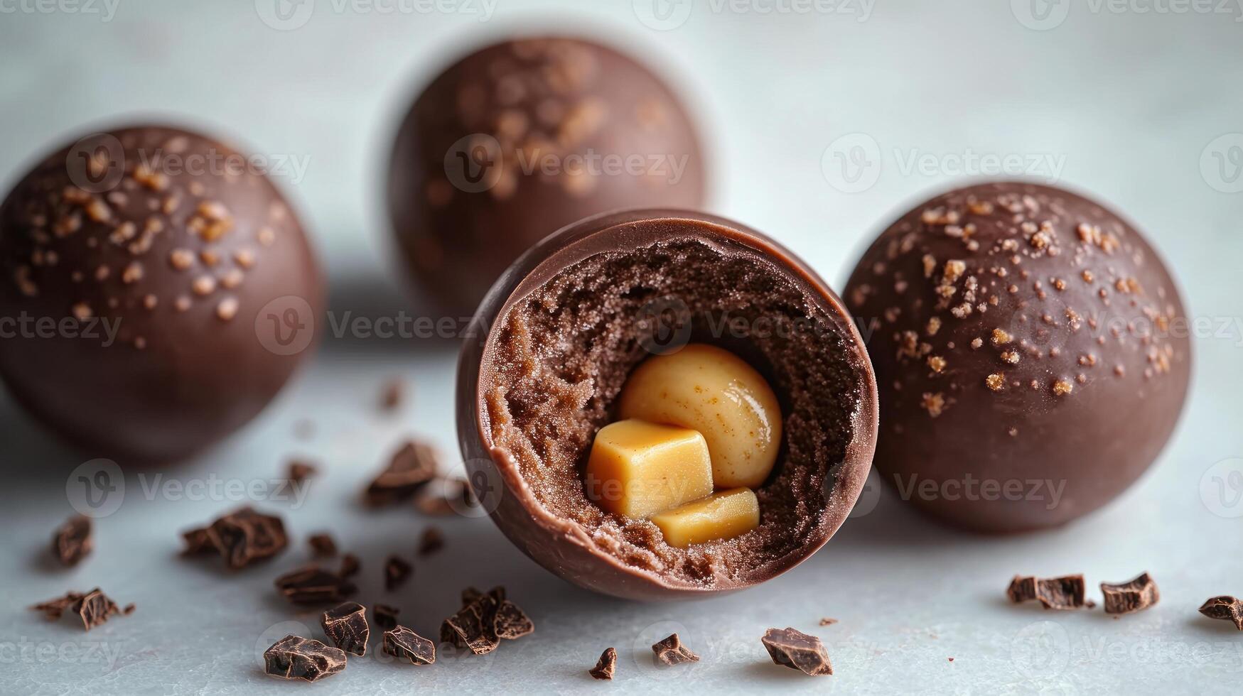 Delicious chocolate truffles reveal a surprise filling of creamy caramel and nuts photo