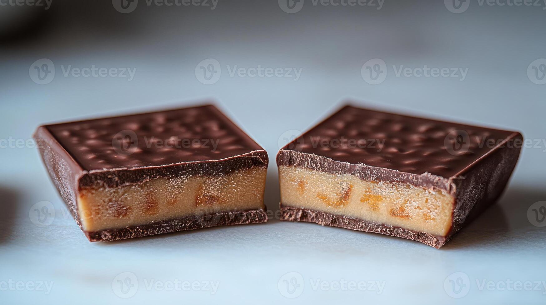 A rich chocolate confection reveals a smooth and delicious caramel filling inside photo