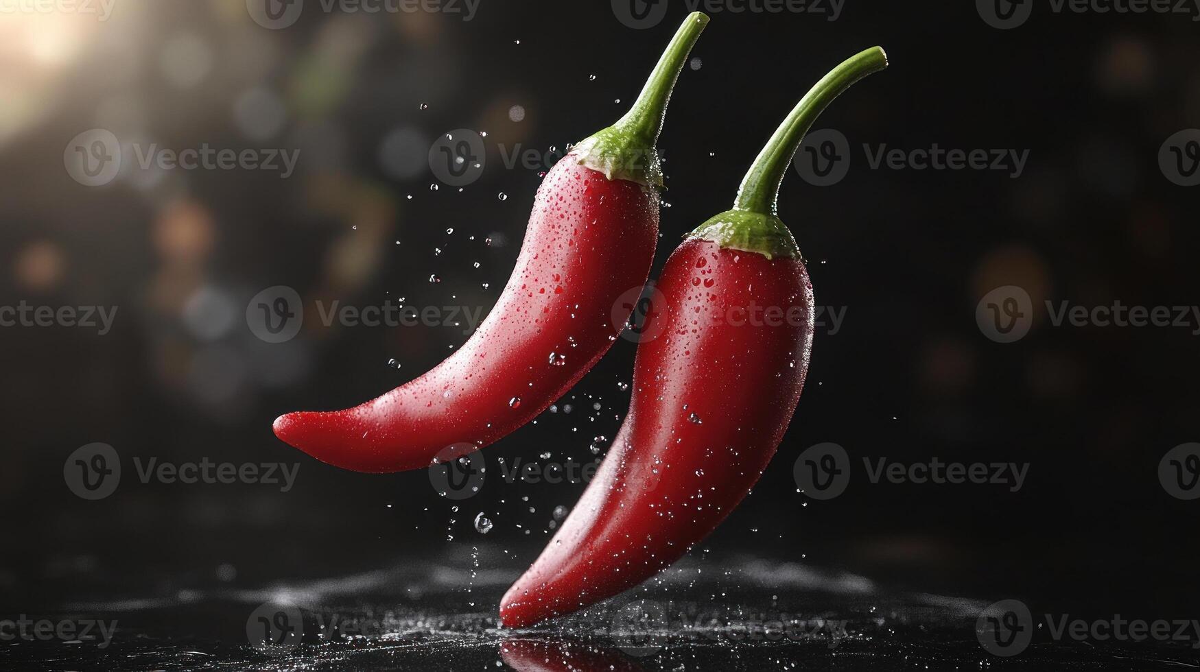 Red chilies glisten with water droplets, showcasing freshness and vitality in low light photo